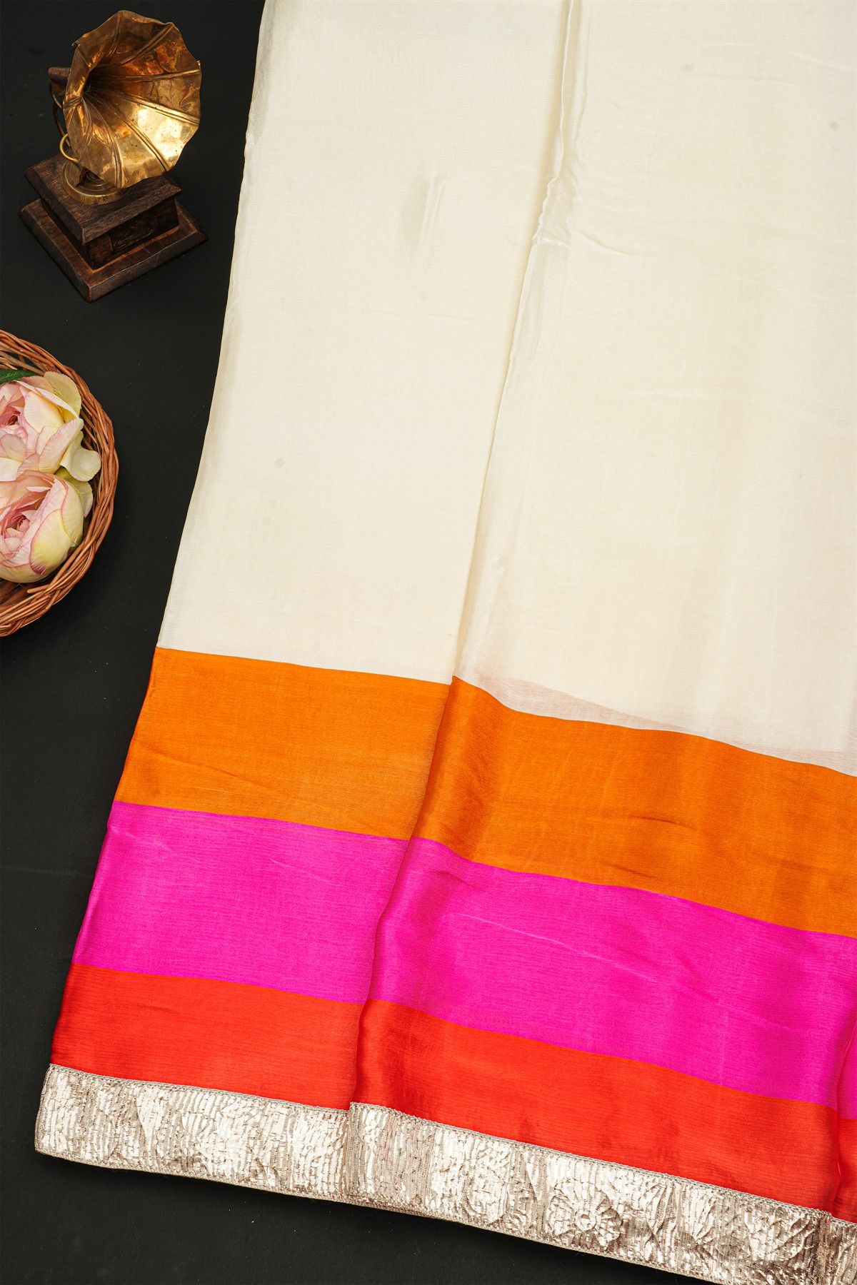 Fancy Crepe Multi-Colour Saree With All Over Lines Body And Contrast Small Laces Border