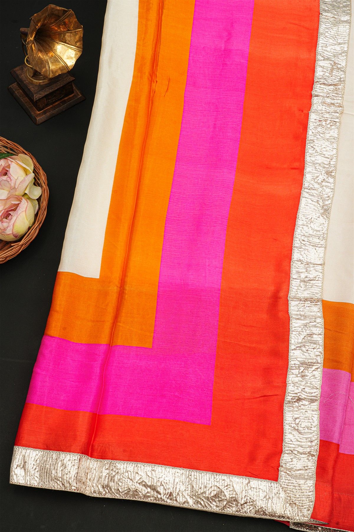 Fancy Crepe Multi-Colour Saree With All Over Lines Body And Contrast Small Laces Border