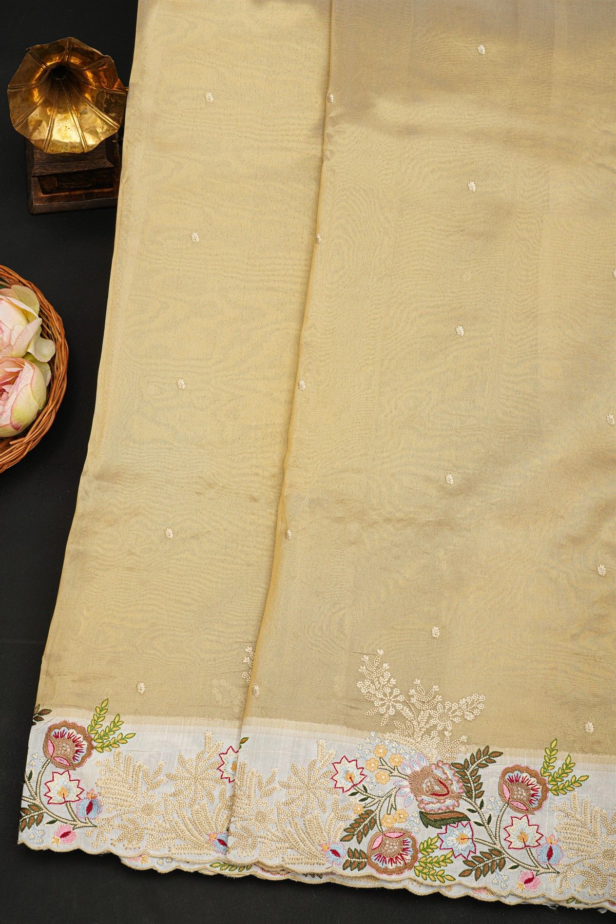 Fancy Tissue Gold Saree With Florals In Thread Work Body