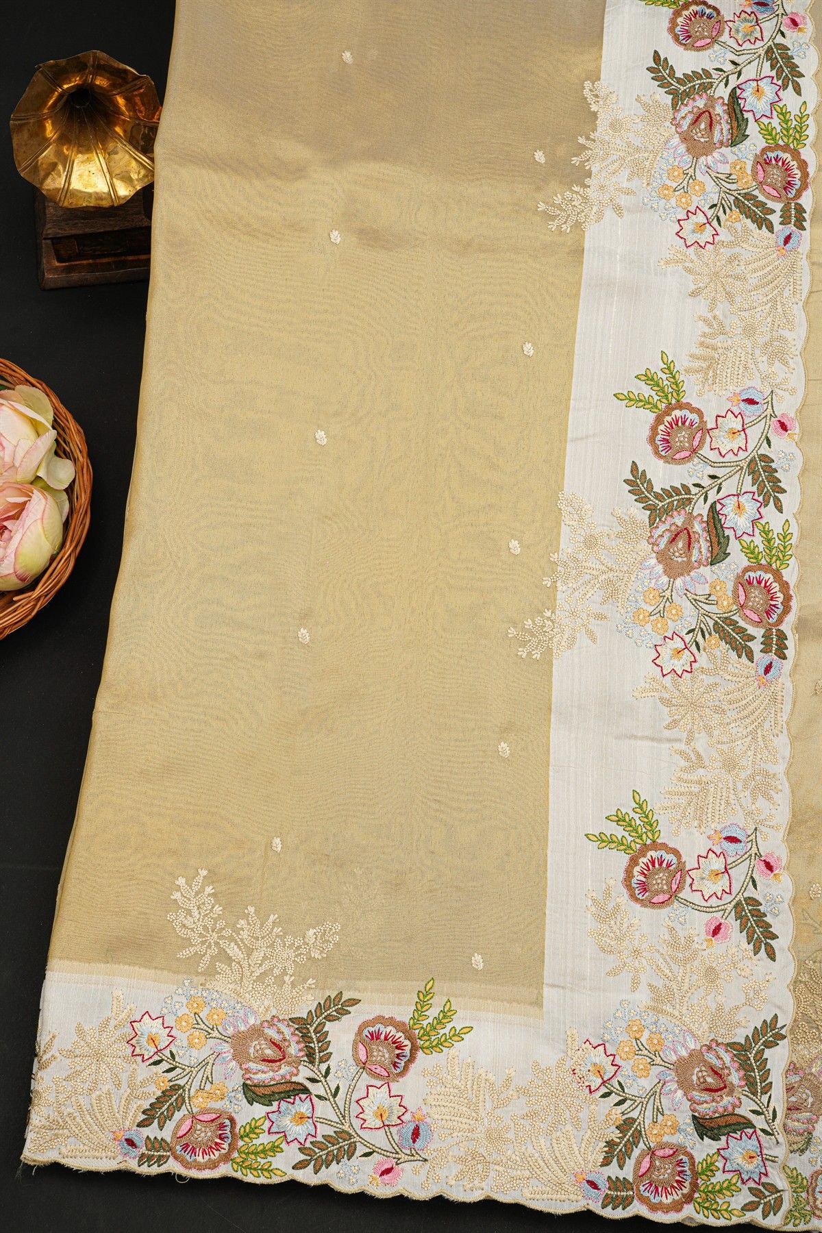 Fancy Tissue Gold Saree With Florals In Thread Work Body