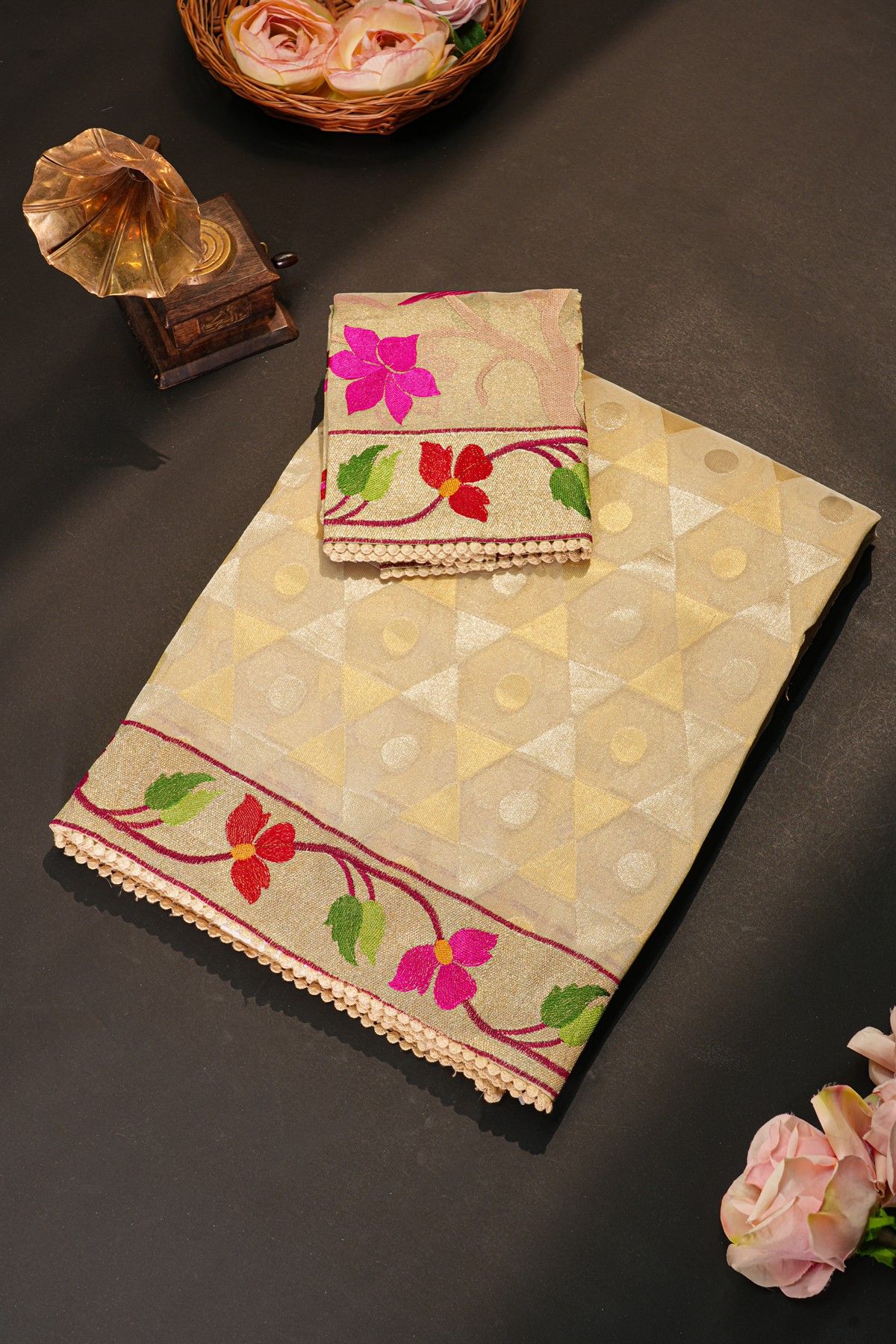 Fancy Tissue Cream Saree With Geometrical Buttis Body