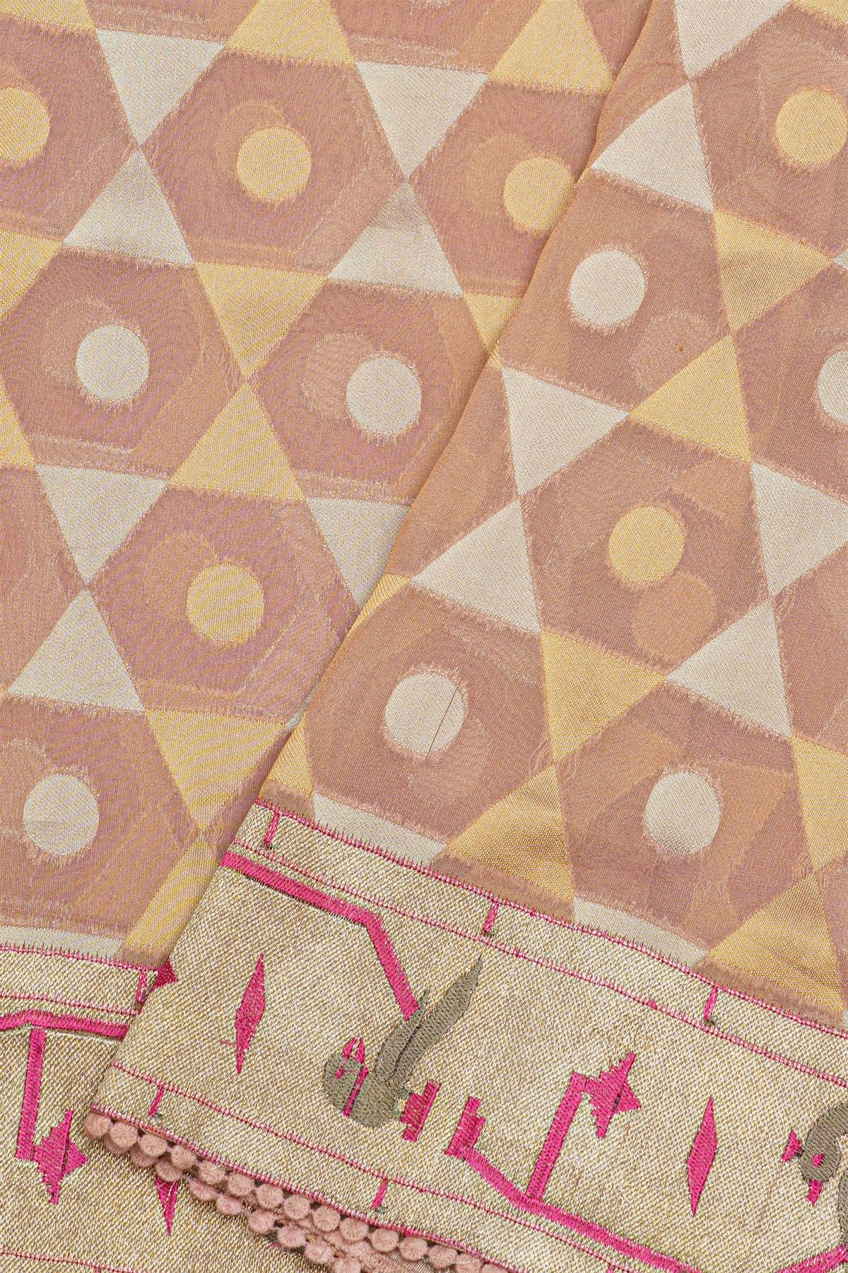 Fancy Kora Onion Pink Saree With Florals And Polkas In Zari With Thread Work Body And Self Design Florals And Peacocks, Parrots In Zari Border