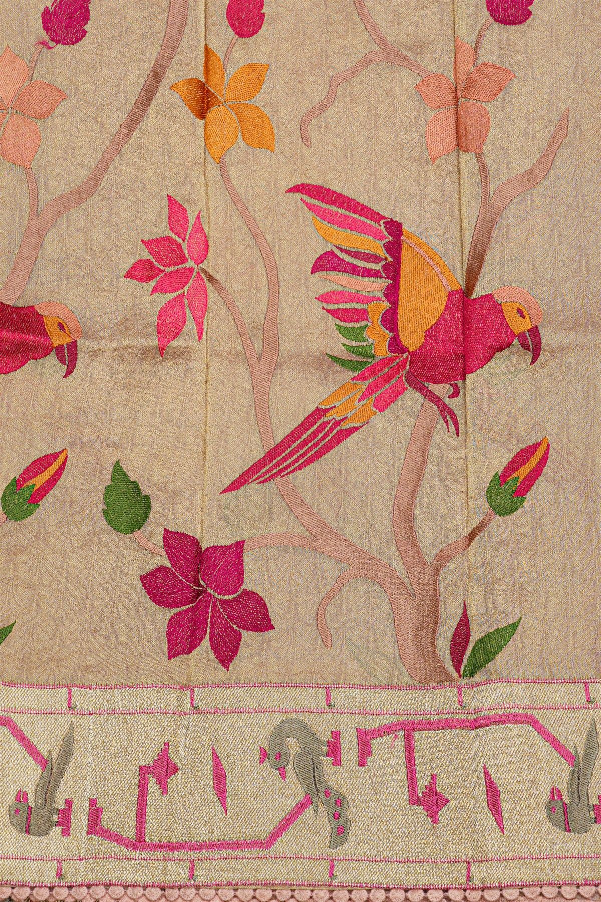 Fancy Kora Onion Pink Saree With Florals And Polkas In Zari With Thread Work Body And Self Design Florals And Peacocks, Parrots In Zari Border