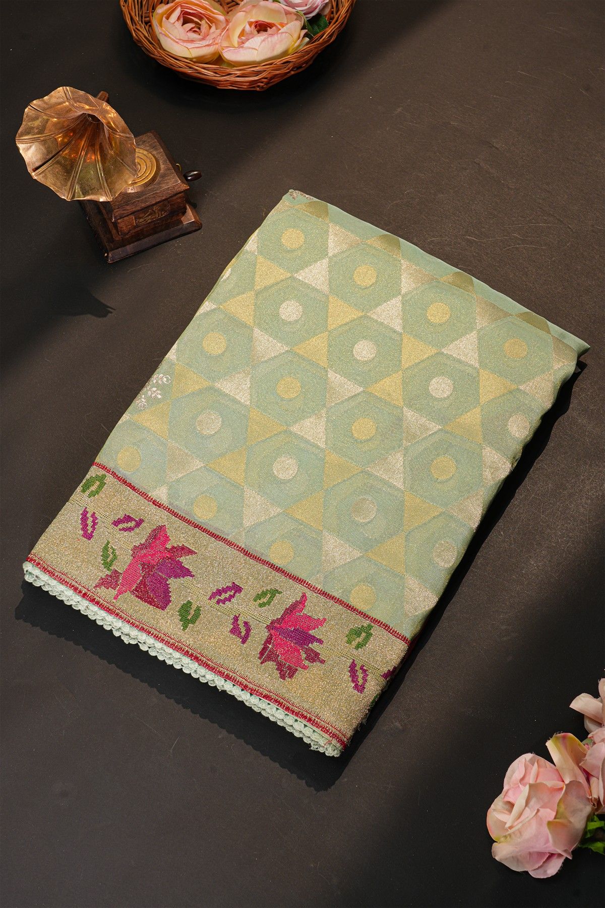 Fancy Kora Mint Green Saree With Florals And Polkas In Zari With Thread Work Body And Self Design Florals And Leaves Jaal Border