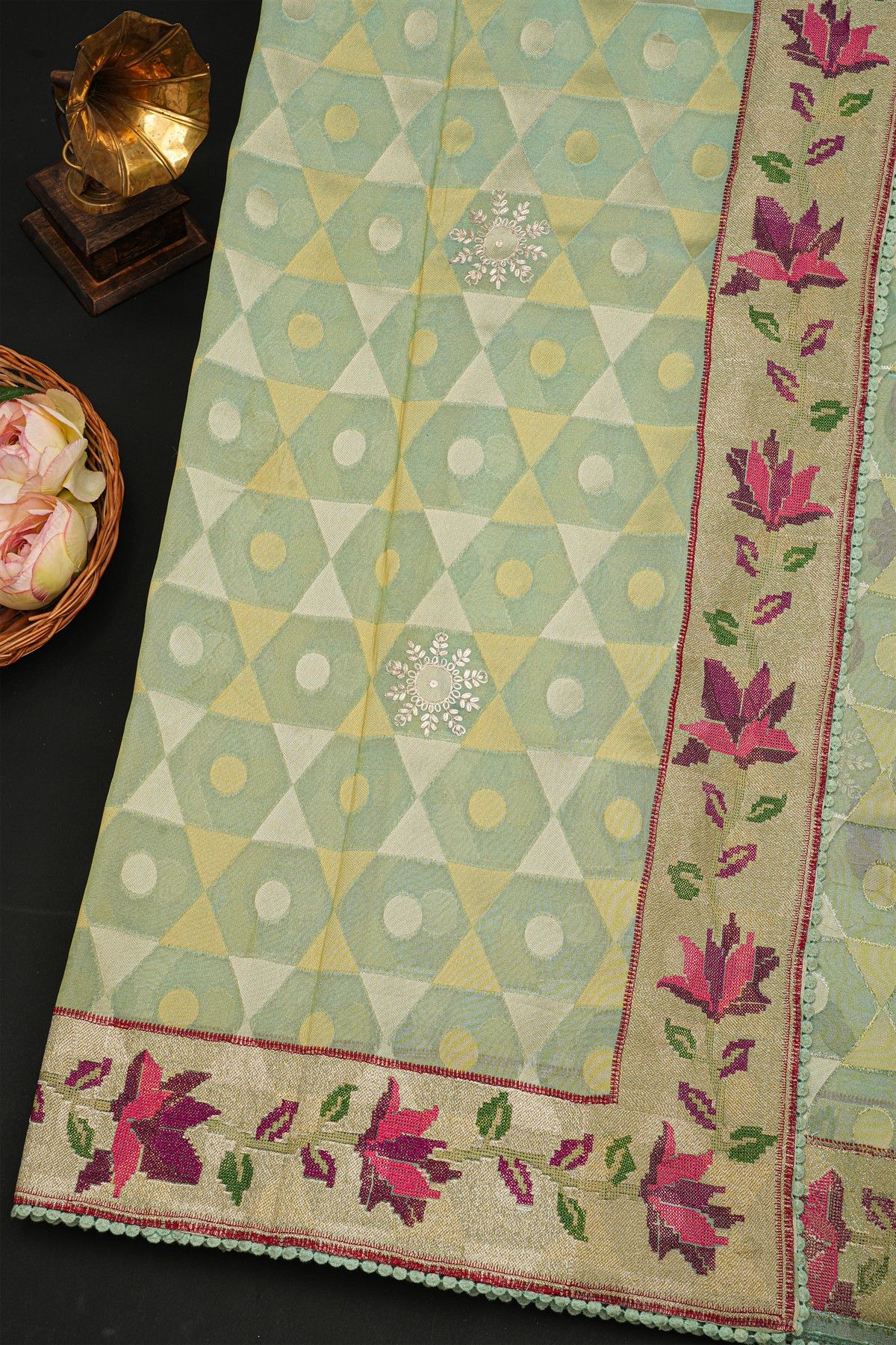 Fancy Kora Mint Green Saree With Florals And Polkas In Zari With Thread Work Body And Self Design Florals And Leaves Jaal Border