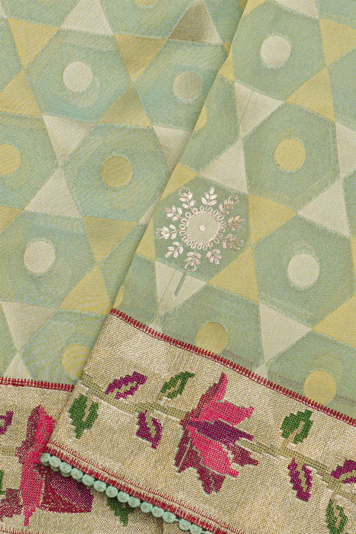 Fancy Kora Mint Green Saree With Florals And Polkas In Zari With Thread Work Body And Self Design Florals And Leaves Jaal Border