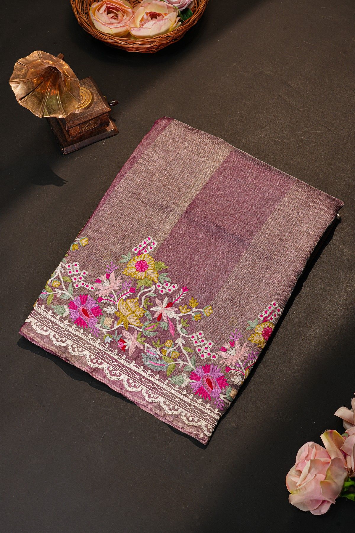 Fancy Tussar Purple Saree With All Over Lines Body And Self Design Florals And Leaves In Thread Work Border