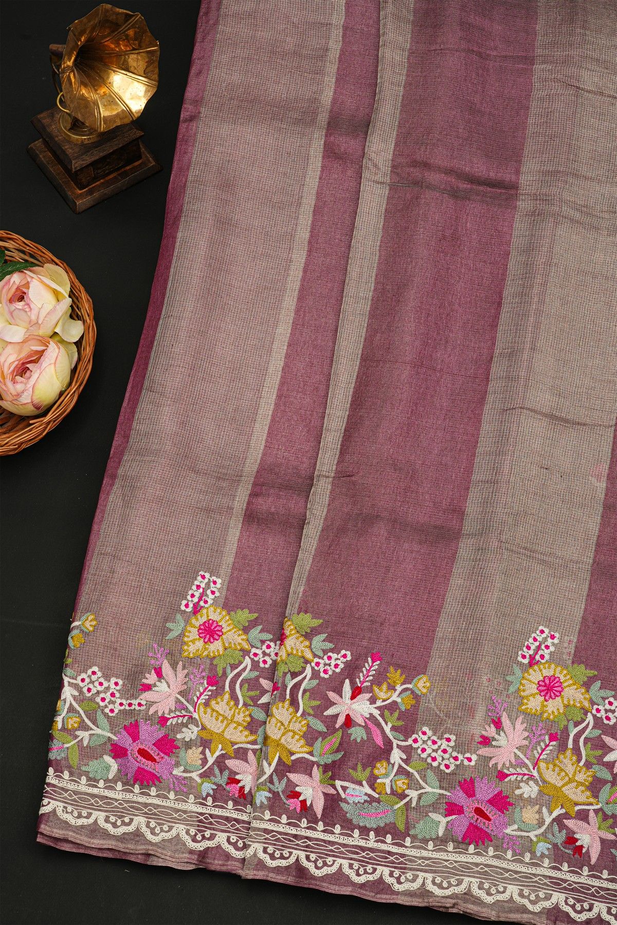 Fancy Tussar Purple Saree With All Over Lines Body And Self Design Florals And Leaves In Thread Work Border