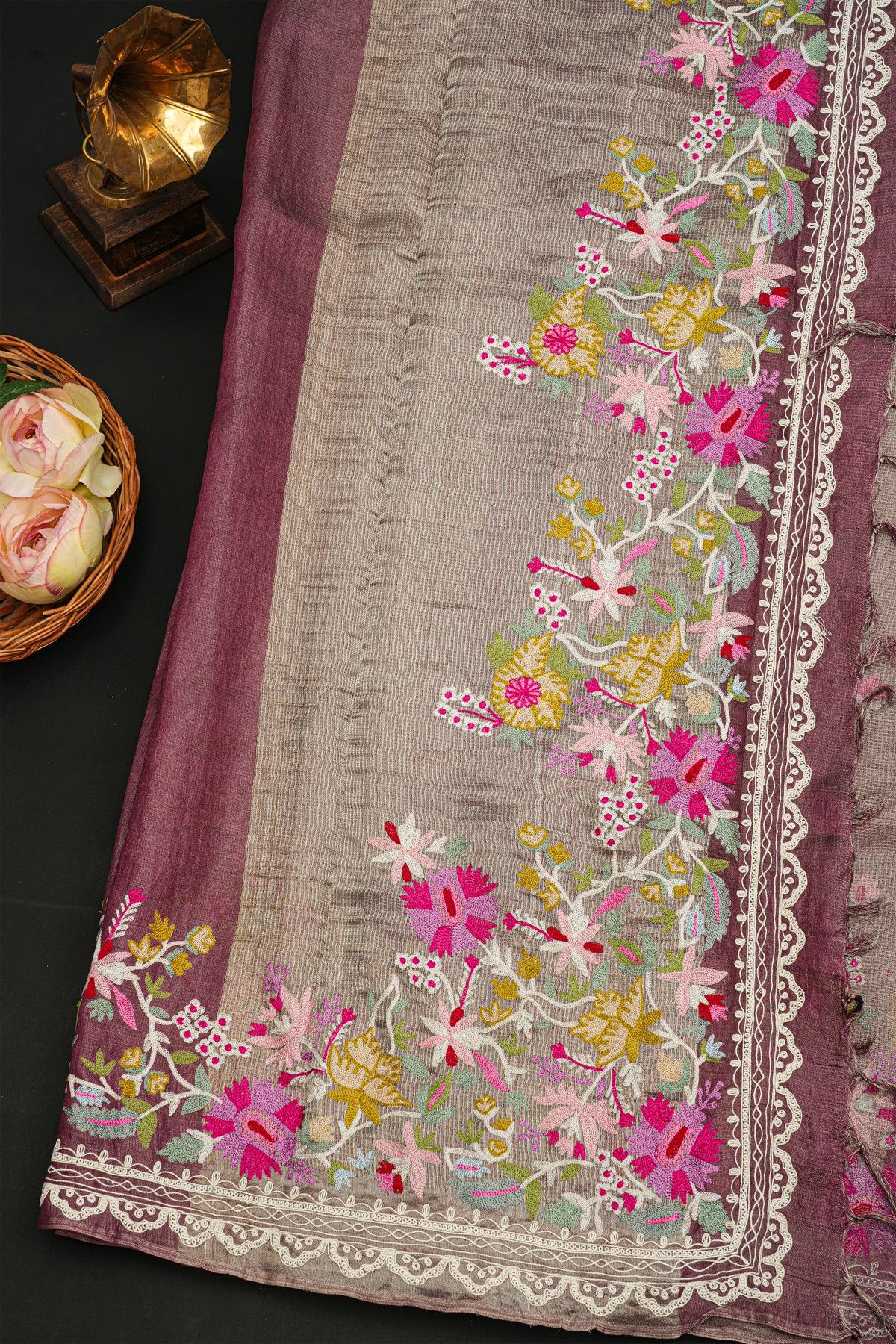 Fancy Tussar Purple Saree With All Over Lines Body And Self Design Florals And Leaves In Thread Work Border