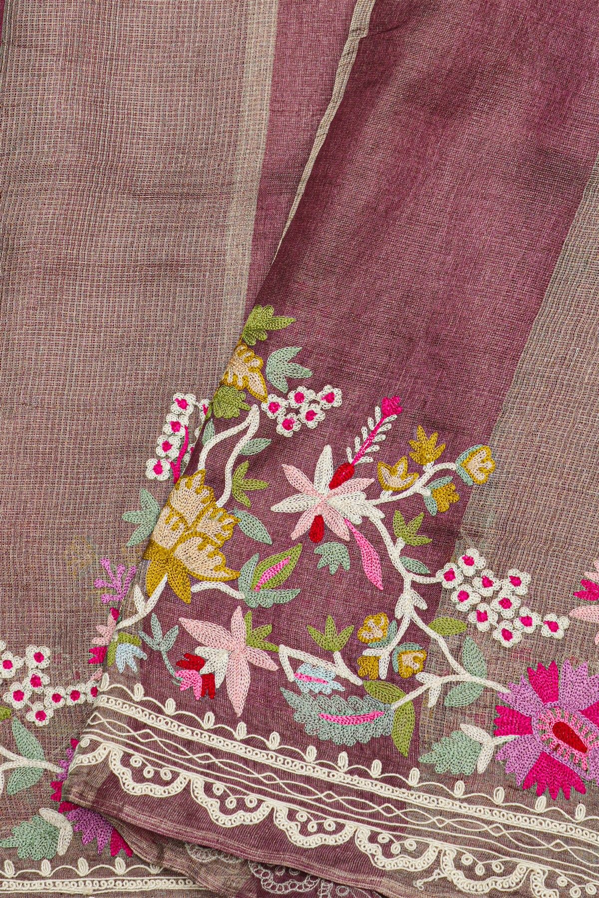 Fancy Tussar Purple Saree With All Over Lines Body And Self Design Florals And Leaves In Thread Work Border