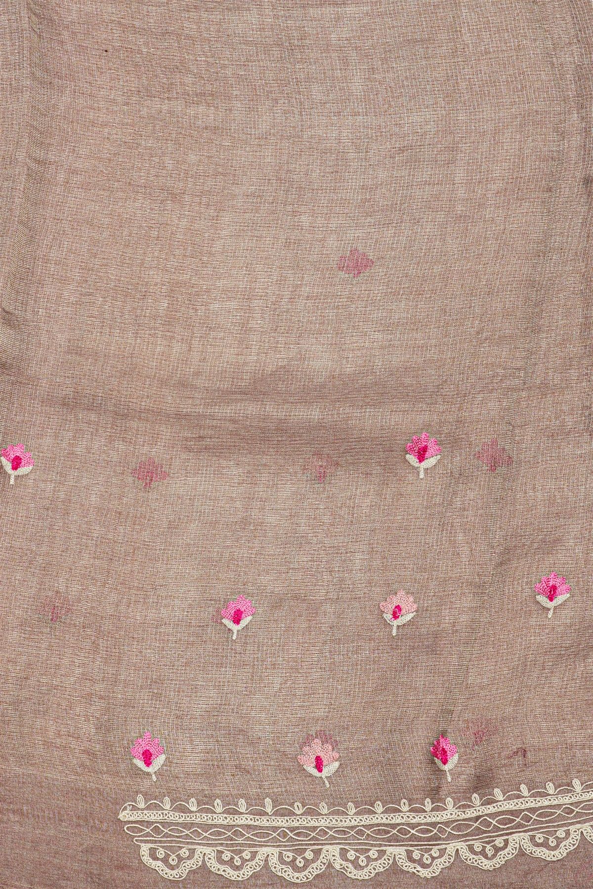 Fancy Tussar Purple Saree With All Over Lines Body And Self Design Florals And Leaves In Thread Work Border