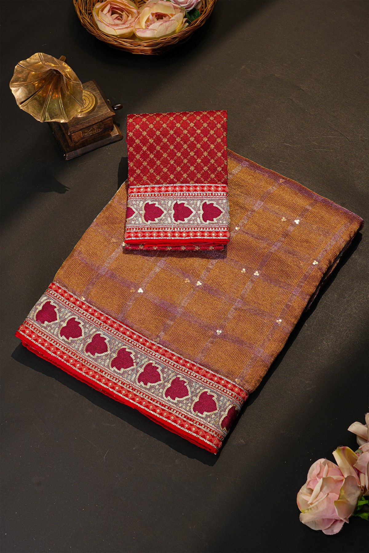 Fancy Kora Brown Saree With Florals In Checks With Sequins Work Body And Contrast Florals And Sequins Work Border