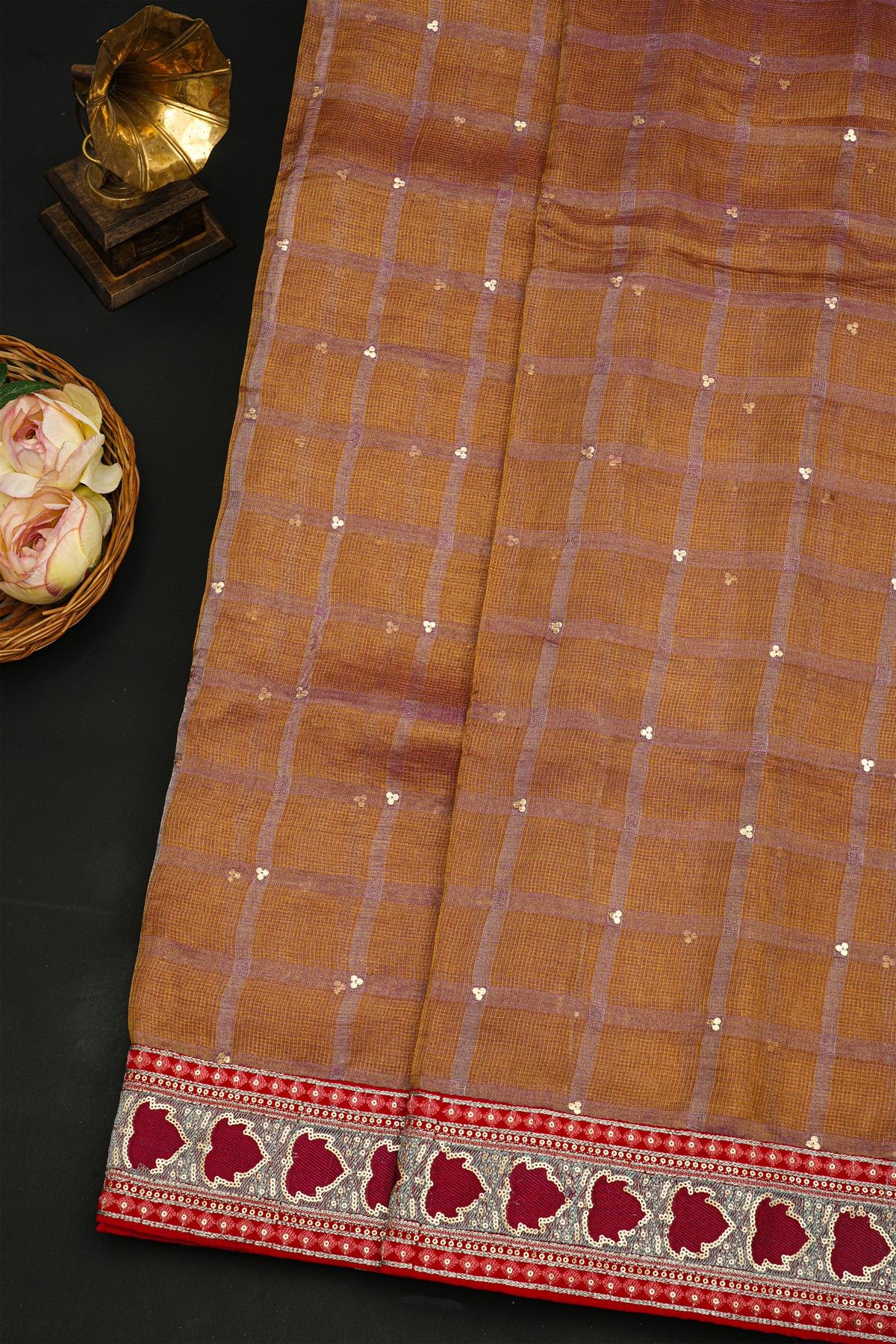 Fancy Kora Brown Saree With Florals In Checks With Sequins Work Body And Contrast Florals And Sequins Work Border