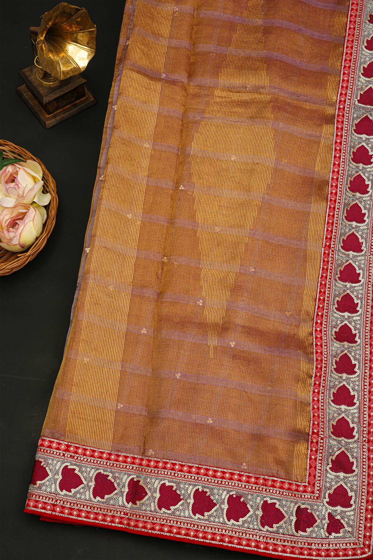 Fancy Kora Brown Saree With Florals In Checks With Sequins Work Body And Contrast Florals And Sequins Work Border