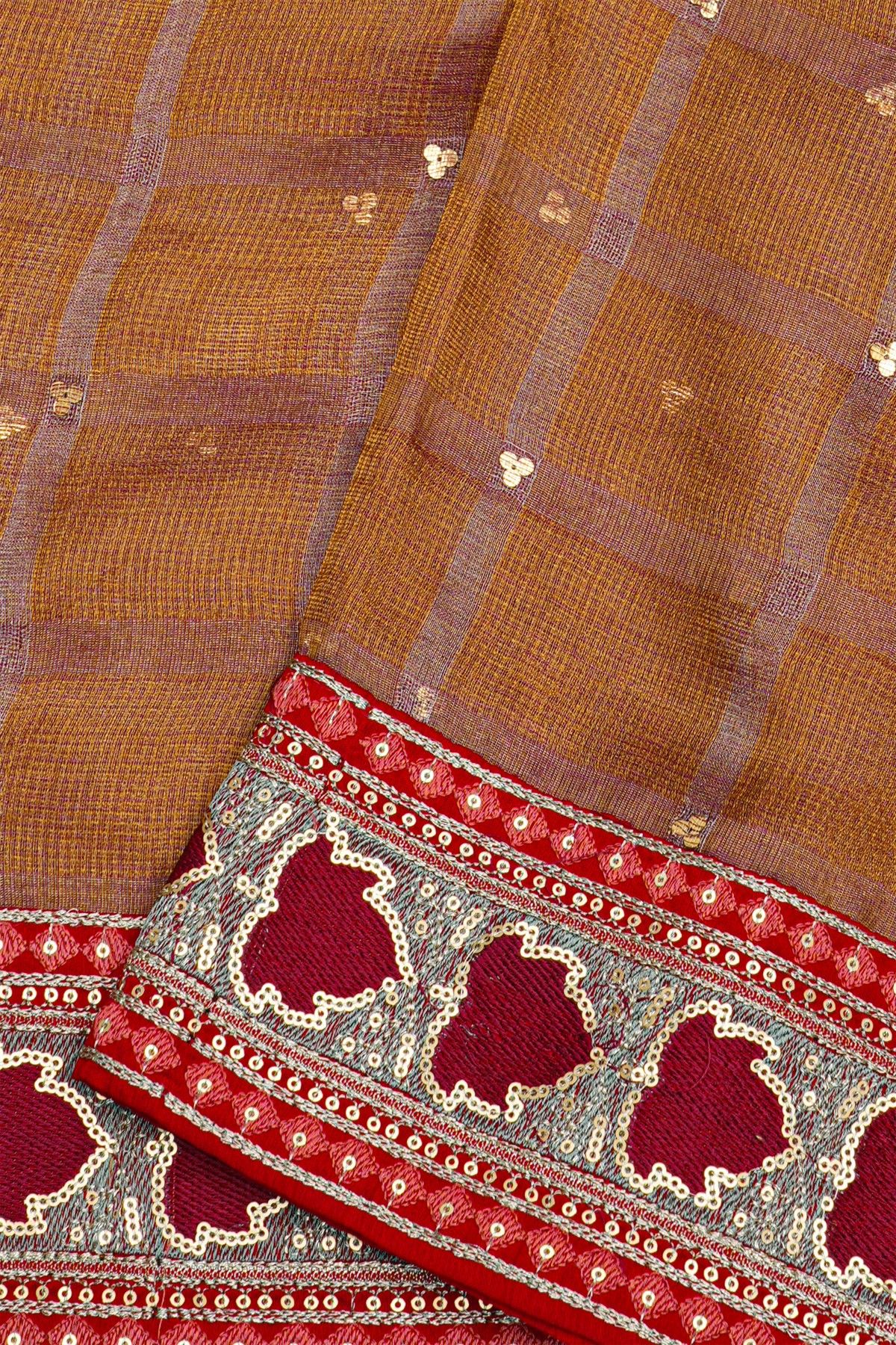 Fancy Kora Brown Saree With Florals In Checks With Sequins Work Body And Contrast Florals And Sequins Work Border