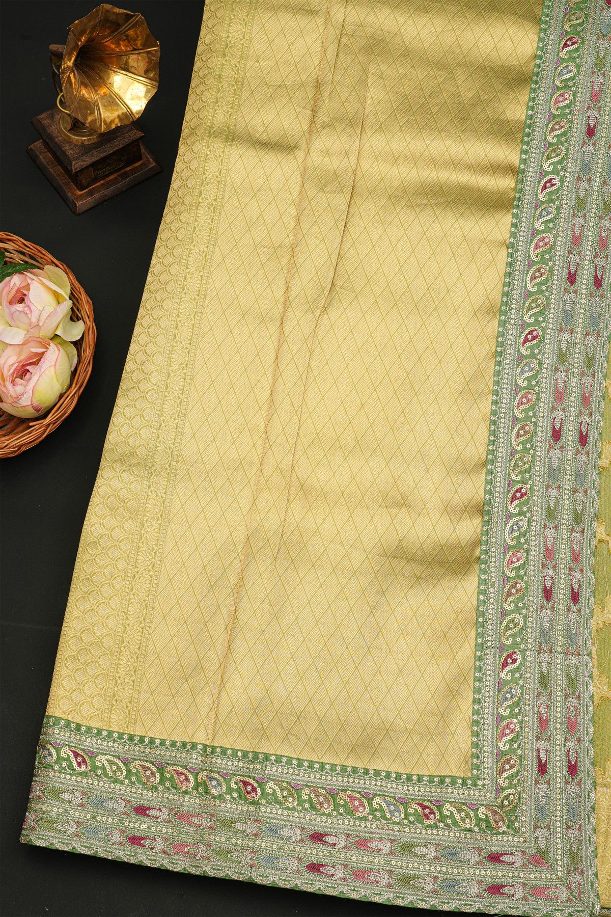 Fancy Kora Dual Colour Saree With Florals In Checks And Contrast Florals And Sequins Work Border