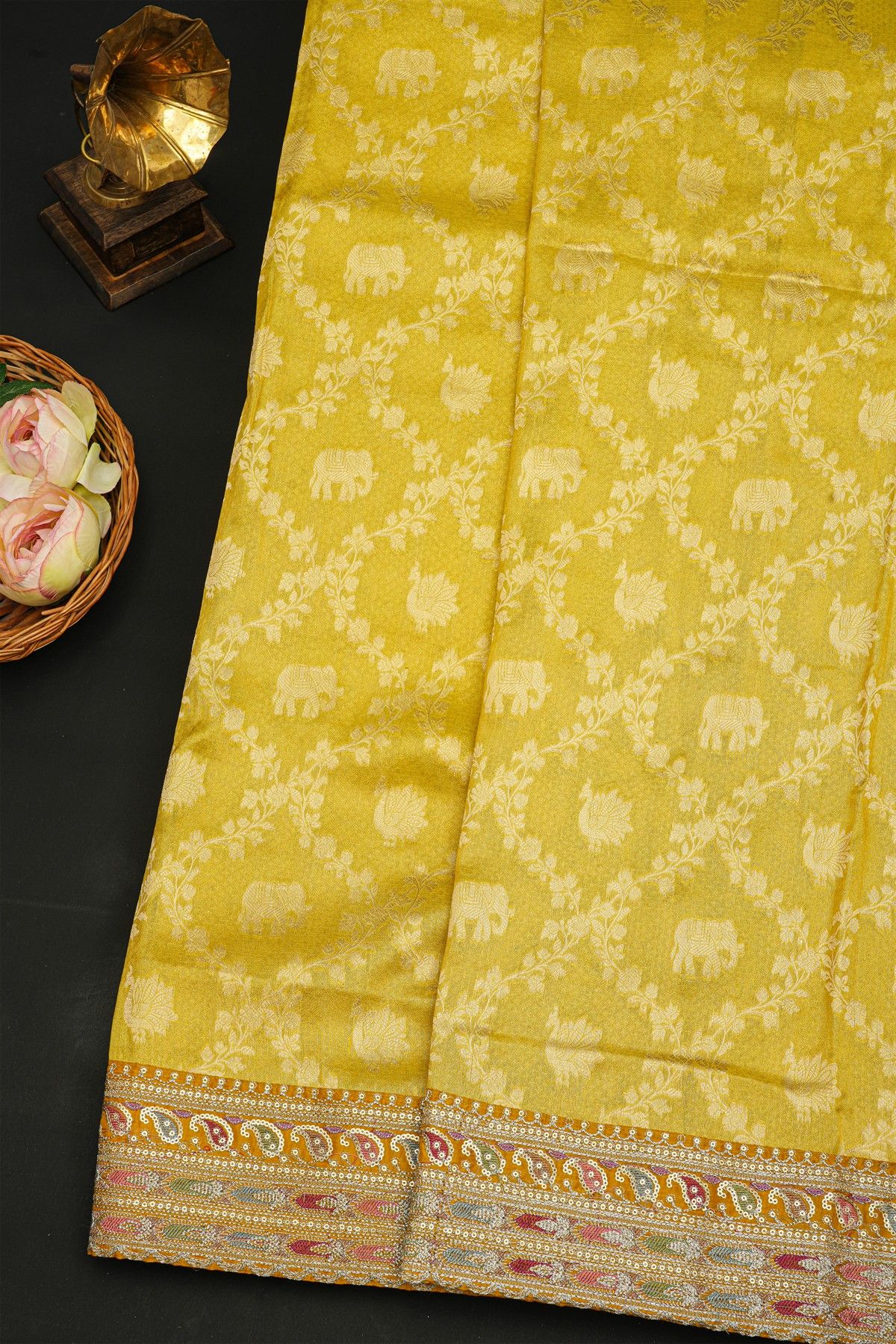 Fancy Kora Yellow Saree With Florals, Peacocks And Elephants In Zari Checks And Contrast Florals And Leaves Jaal Border