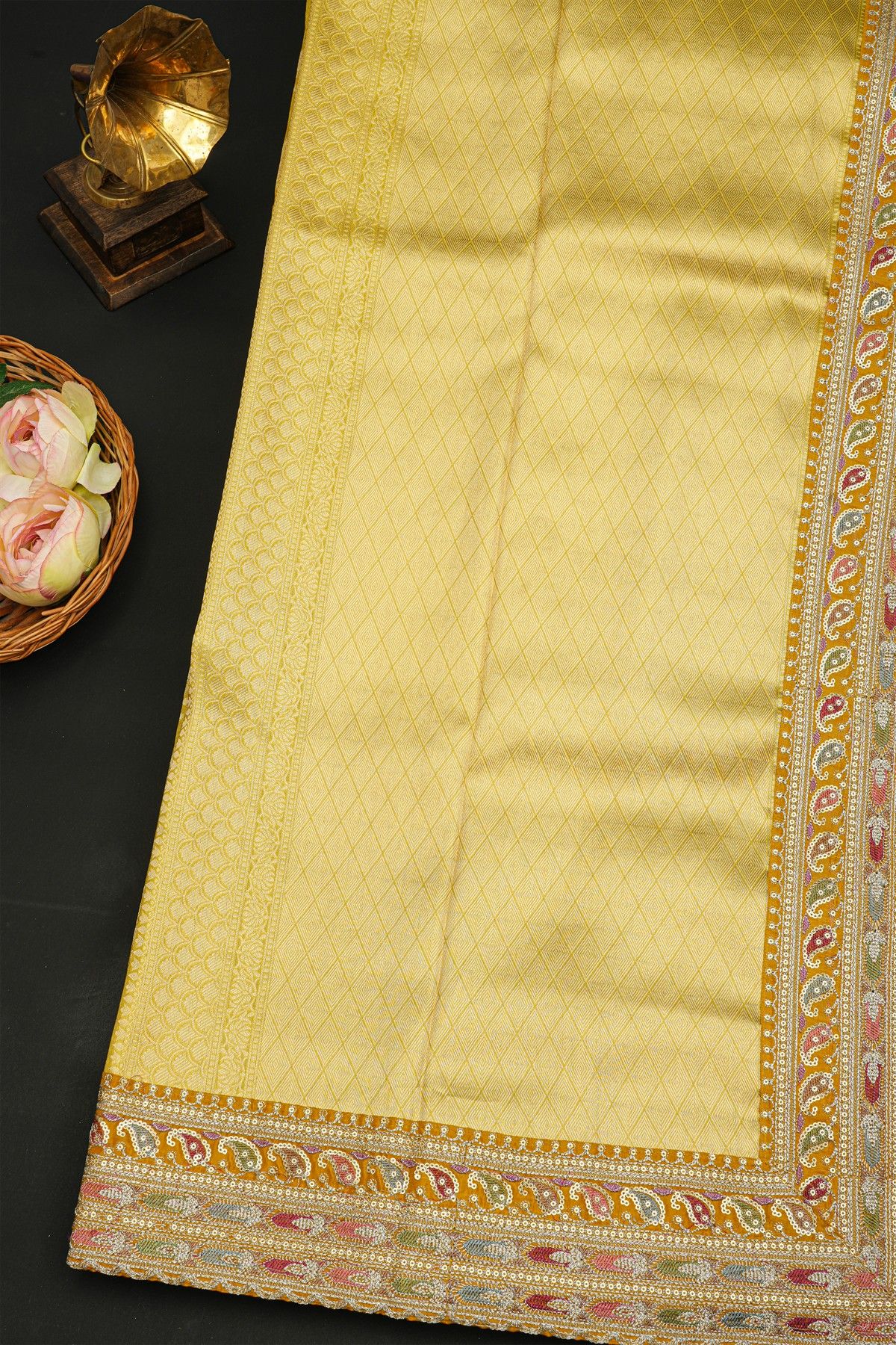 Fancy Kora Yellow Saree With Florals, Peacocks And Elephants In Zari Checks And Contrast Florals And Leaves Jaal Border