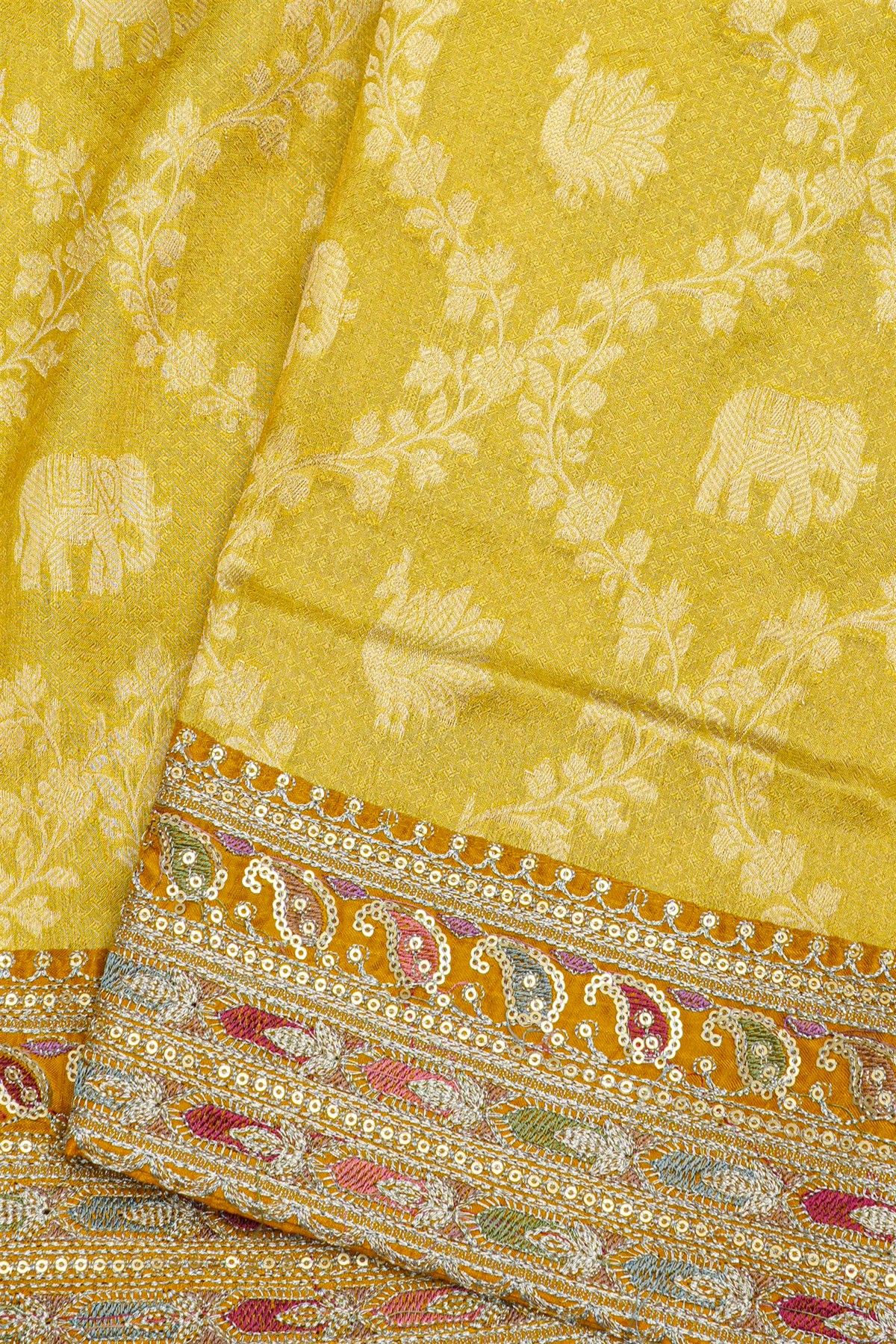 Fancy Kora Yellow Saree With Florals, Peacocks And Elephants In Zari Checks And Contrast Florals And Leaves Jaal Border