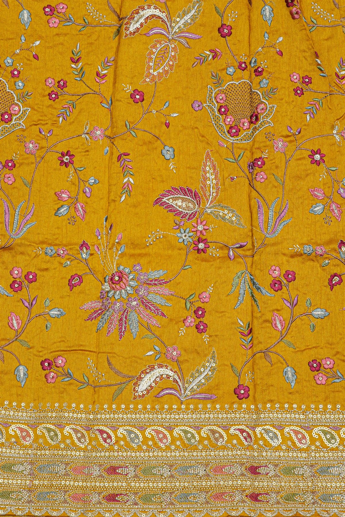 Fancy Kora Yellow Saree With Florals, Peacocks And Elephants In Zari Checks And Contrast Florals And Leaves Jaal Border