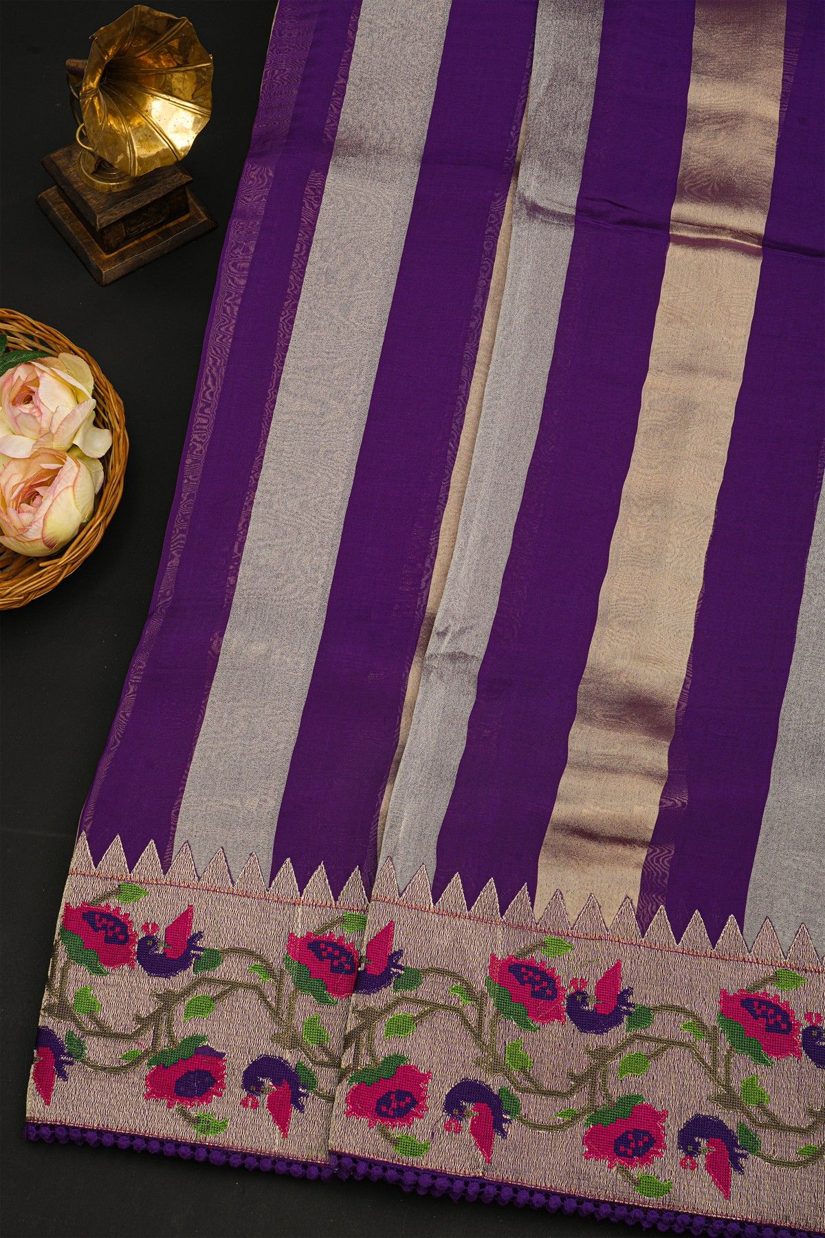 Fancy Kora Purple Saree With All Over Lines Body And Self Design Florals And Peacocks With Temples Border