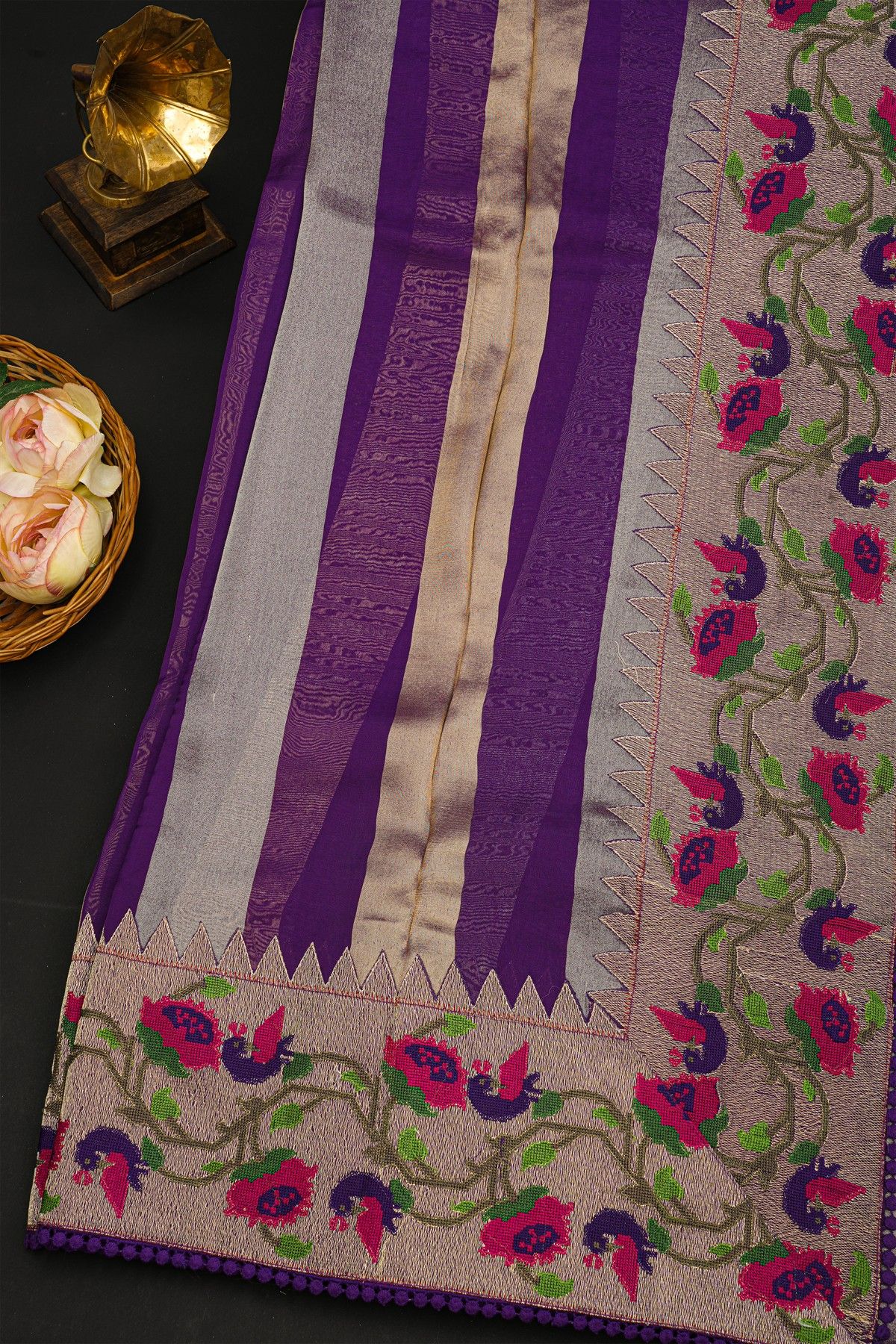 Fancy Kora Purple Saree With All Over Lines Body And Self Design Florals And Peacocks With Temples Border