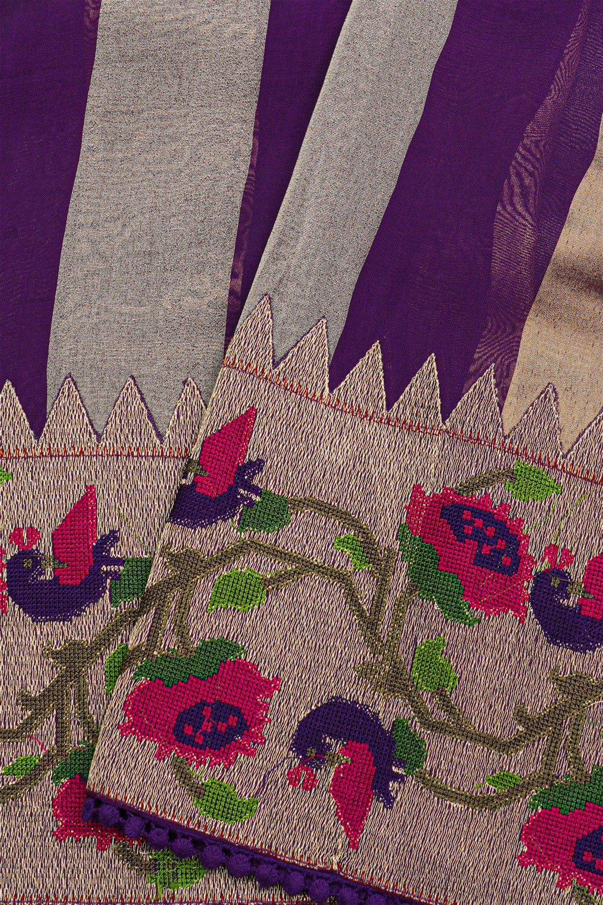 Fancy Kora Purple Saree With All Over Lines Body And Self Design Florals And Peacocks With Temples Border