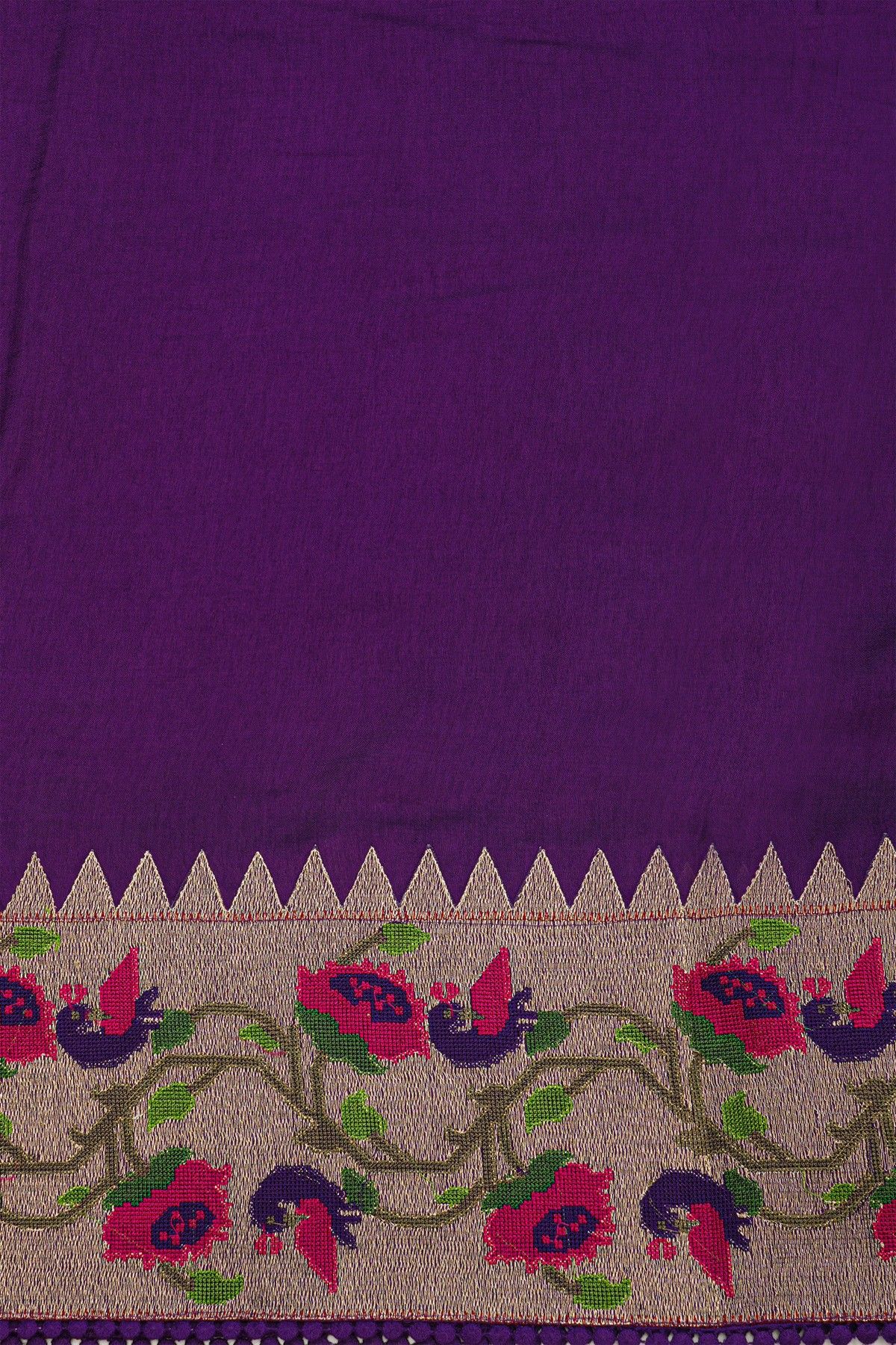 Fancy Kora Purple Saree With All Over Lines Body And Self Design Florals And Peacocks With Temples Border