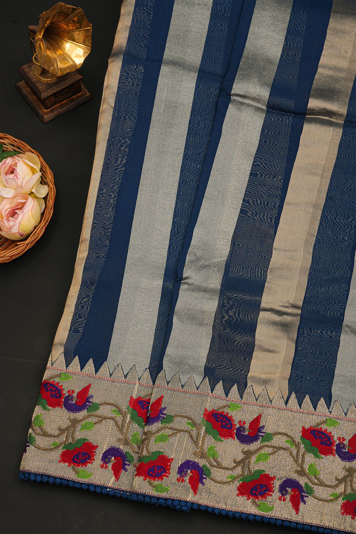 Fancy Kora Navy Blue Saree With All Over Zari Lines Body And Self Design Florals And Leaves Jaal With Temples Border