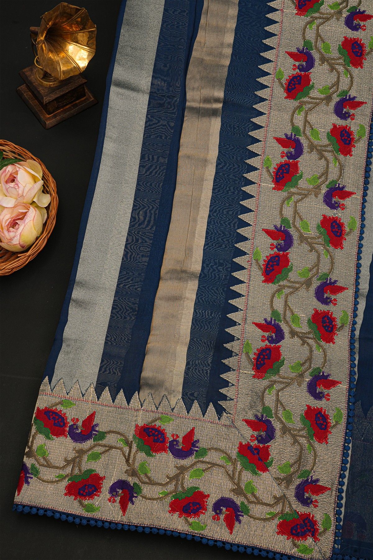Fancy Kora Navy Blue Saree With All Over Zari Lines Body And Self Design Florals And Leaves Jaal With Temples Border