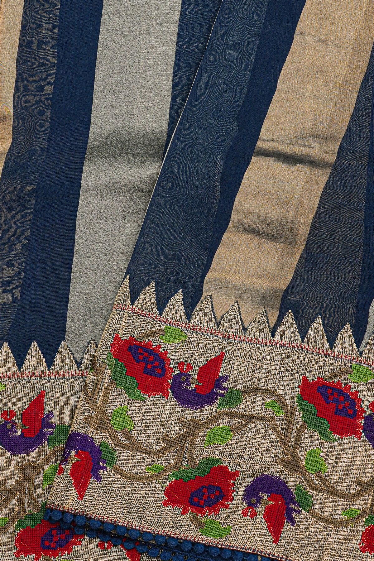 Fancy Kora Navy Blue Saree With All Over Zari Lines Body And Self Design Florals And Leaves Jaal With Temples Border