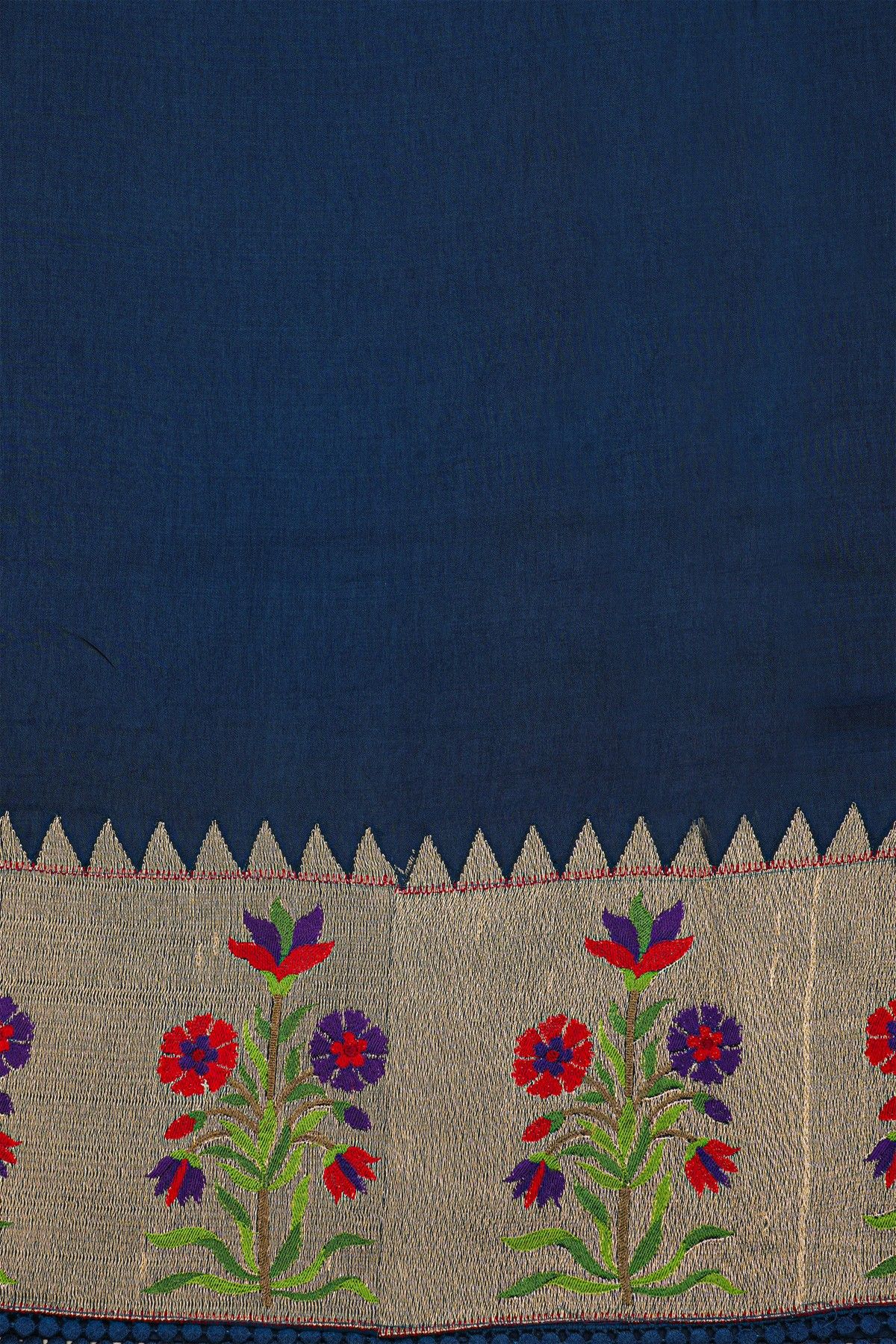 Fancy Kora Navy Blue Saree With All Over Zari Lines Body And Self Design Florals And Leaves Jaal With Temples Border