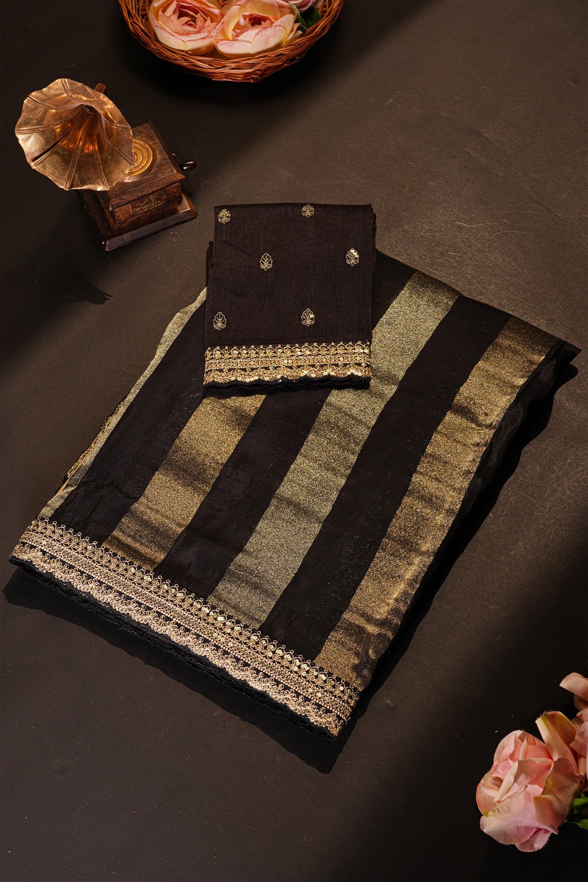 Fancy Kora Black Saree With Florals In Lines Body And Self Design Florals And Leaves In Zardozi Work Border