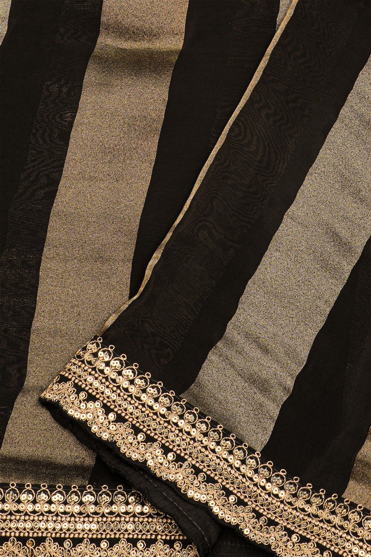 Fancy Kora Black Saree With Florals In Lines Body And Self Design Florals And Leaves In Zardozi Work Border