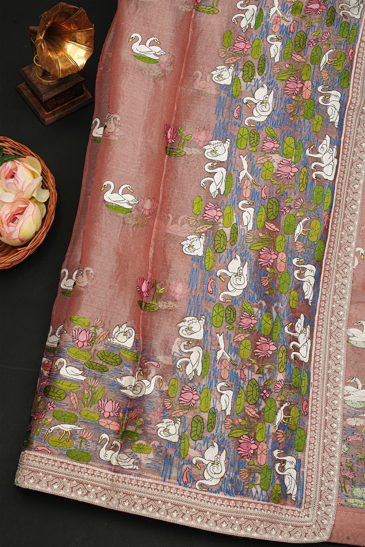 Fancy Tussar Onion Pink Saree With Florals And Leaves With Swans In Thread Work Body And Self Design Florals And Swans In Thread Work Border
