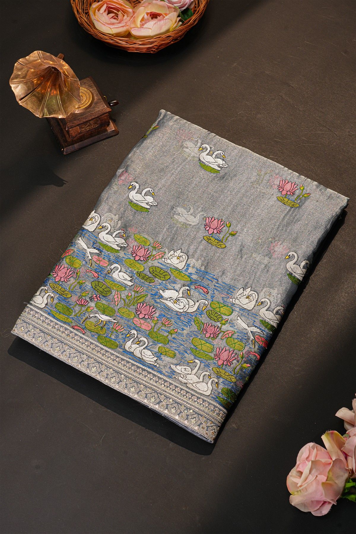 Fancy Tussar Grey Saree With Florals And Leaves With Swans In Thread Work Body And Self Design Florals And Swans In Thread Work Border