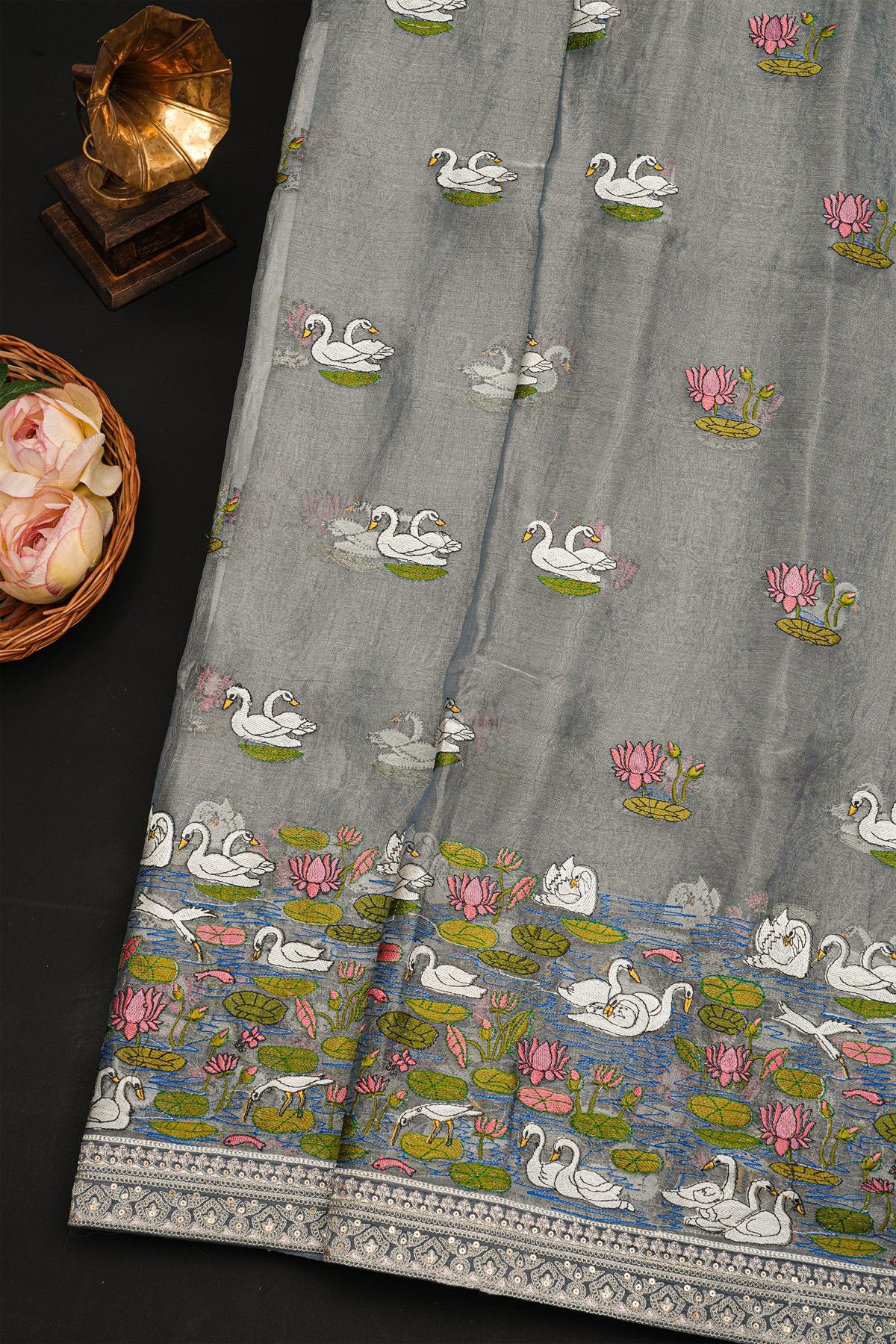 Fancy Tussar Grey Saree With Florals And Leaves With Swans In Thread Work Body And Self Design Florals And Swans In Thread Work Border