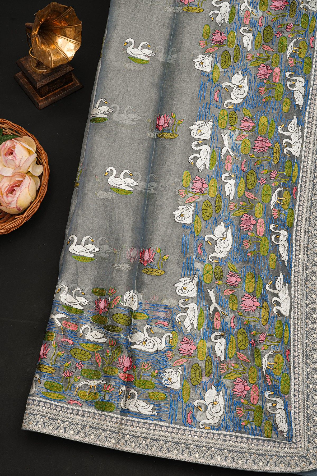 Fancy Tussar Grey Saree With Florals And Leaves With Swans In Thread Work Body And Self Design Florals And Swans In Thread Work Border