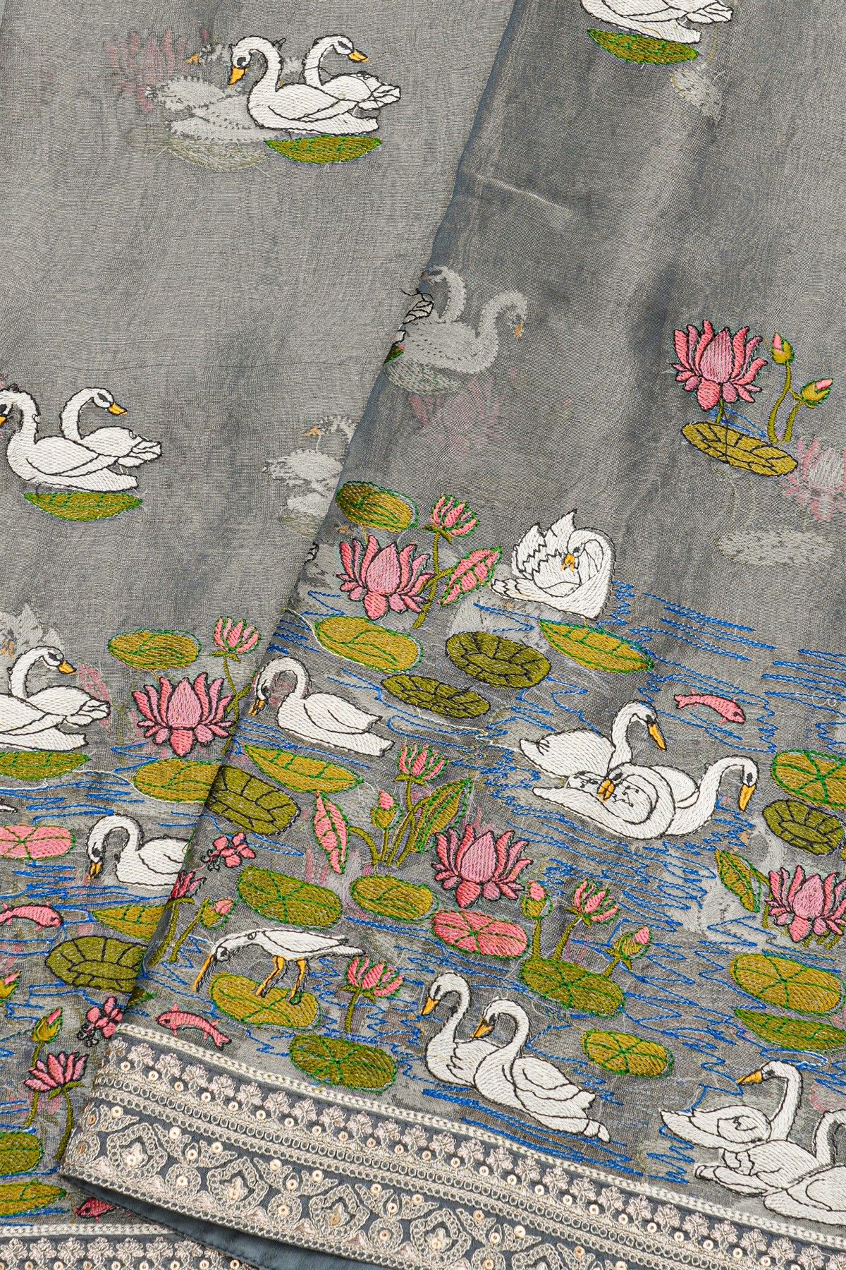 Fancy Tussar Grey Saree With Florals And Leaves With Swans In Thread Work Body And Self Design Florals And Swans In Thread Work Border