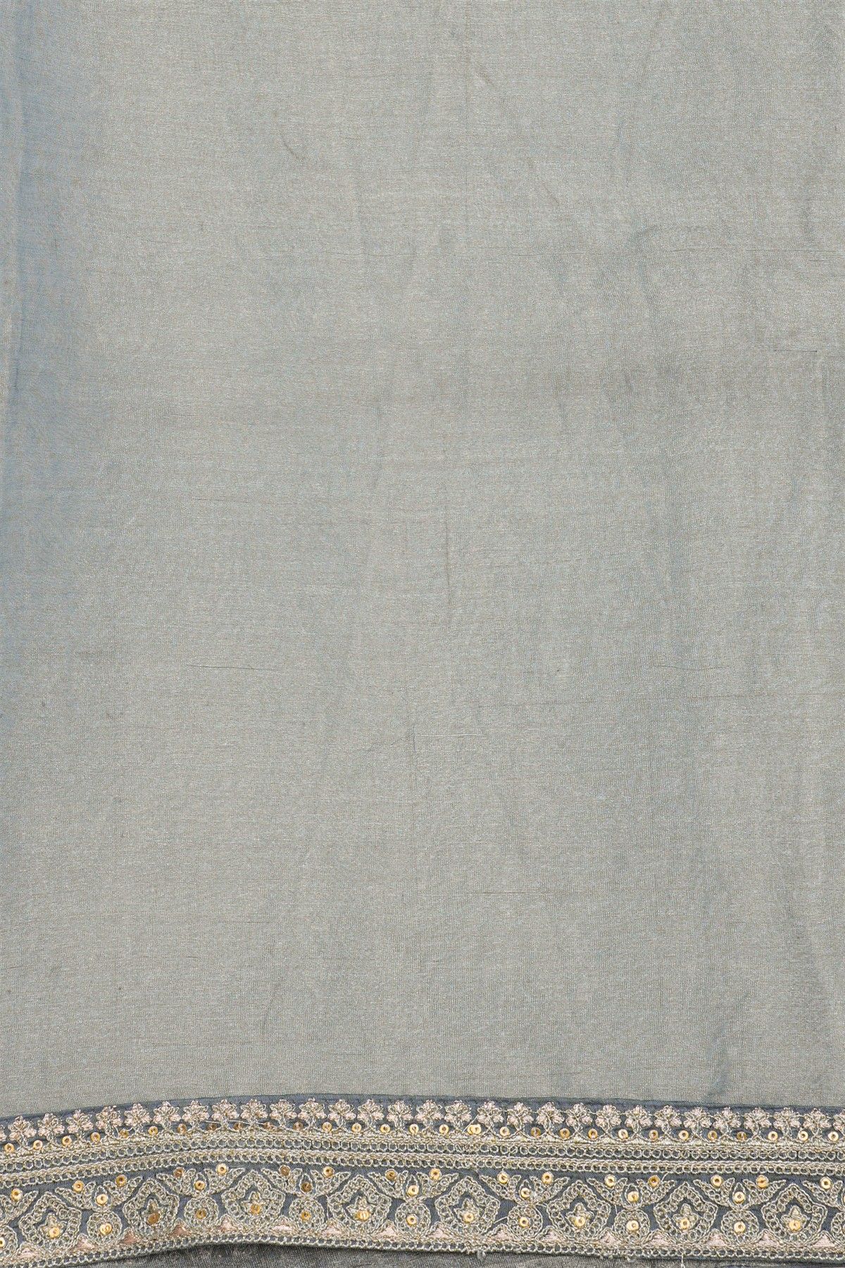 Fancy Tussar Grey Saree With Florals And Leaves With Swans In Thread Work Body And Self Design Florals And Swans In Thread Work Border