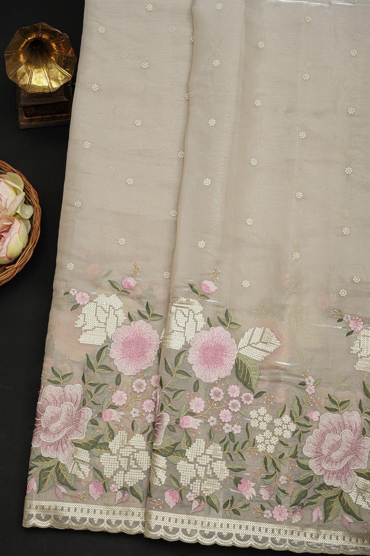 Fancy Kora Beige Saree With Florals And Leaves In Thread Work Body
