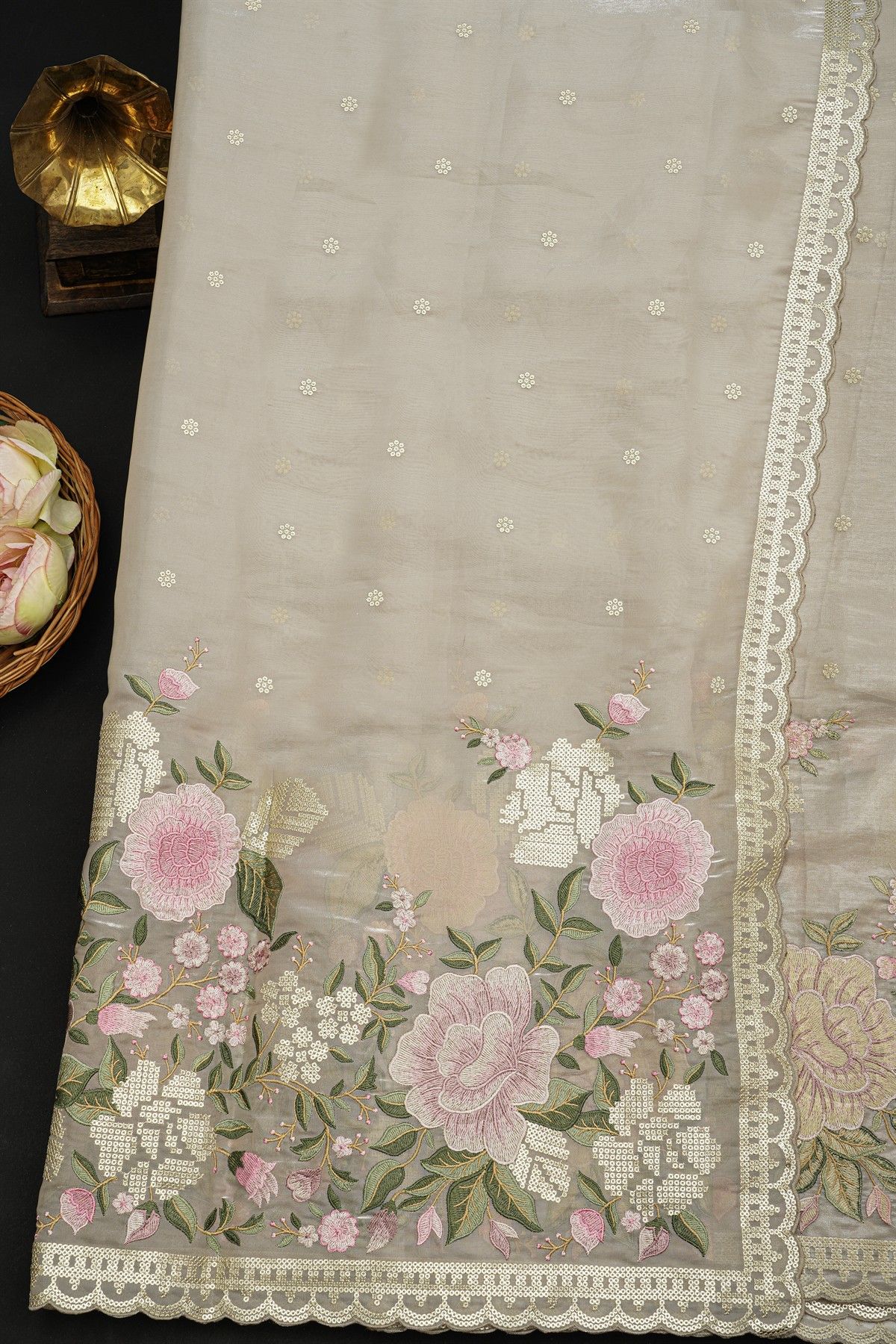 Fancy Kora Beige Saree With Florals And Leaves In Thread Work Body