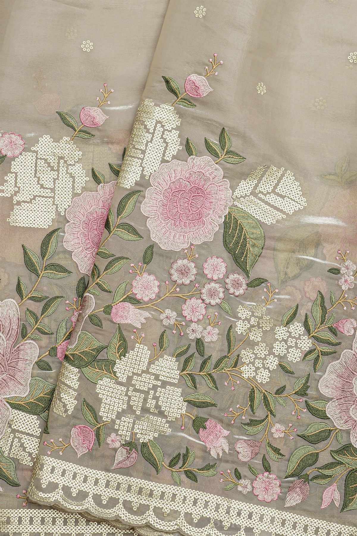 Fancy Kora Beige Saree With Florals And Leaves In Thread Work Body