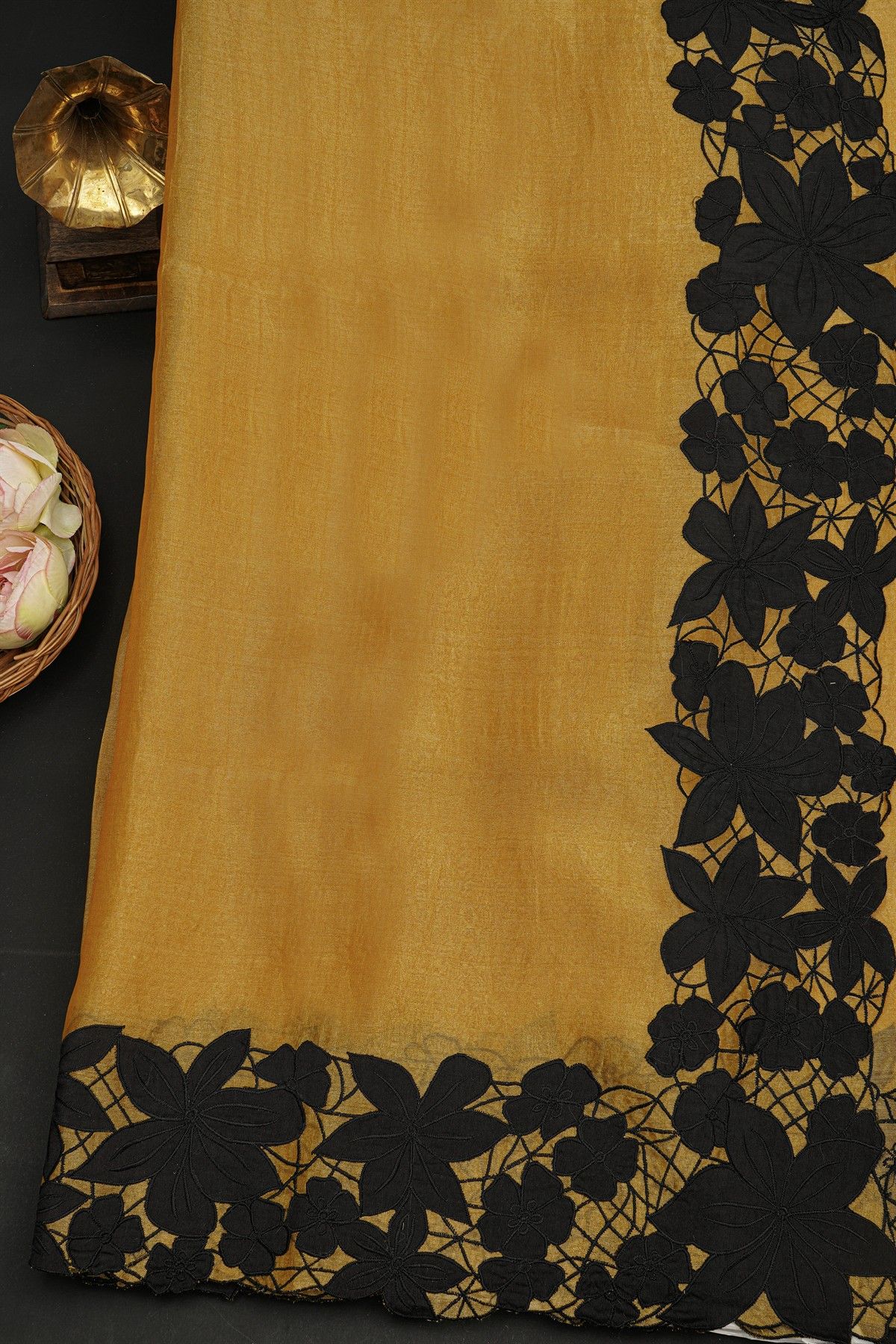 Fancy Tussar Mustard Saree With Contrast Floral Patch Work Border
