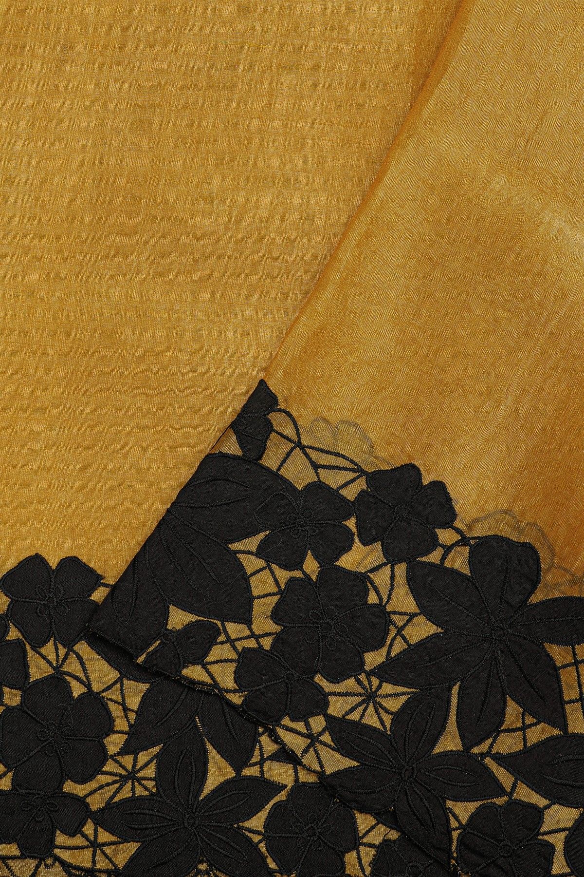 Fancy Tussar Mustard Saree With Contrast Floral Patch Work Border