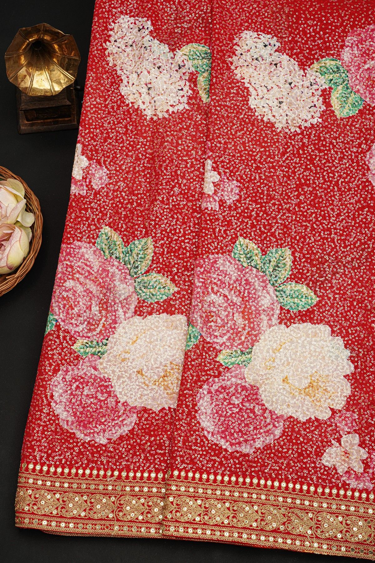 Fancy Crepe Red Saree With Florals In Sequin Work Body