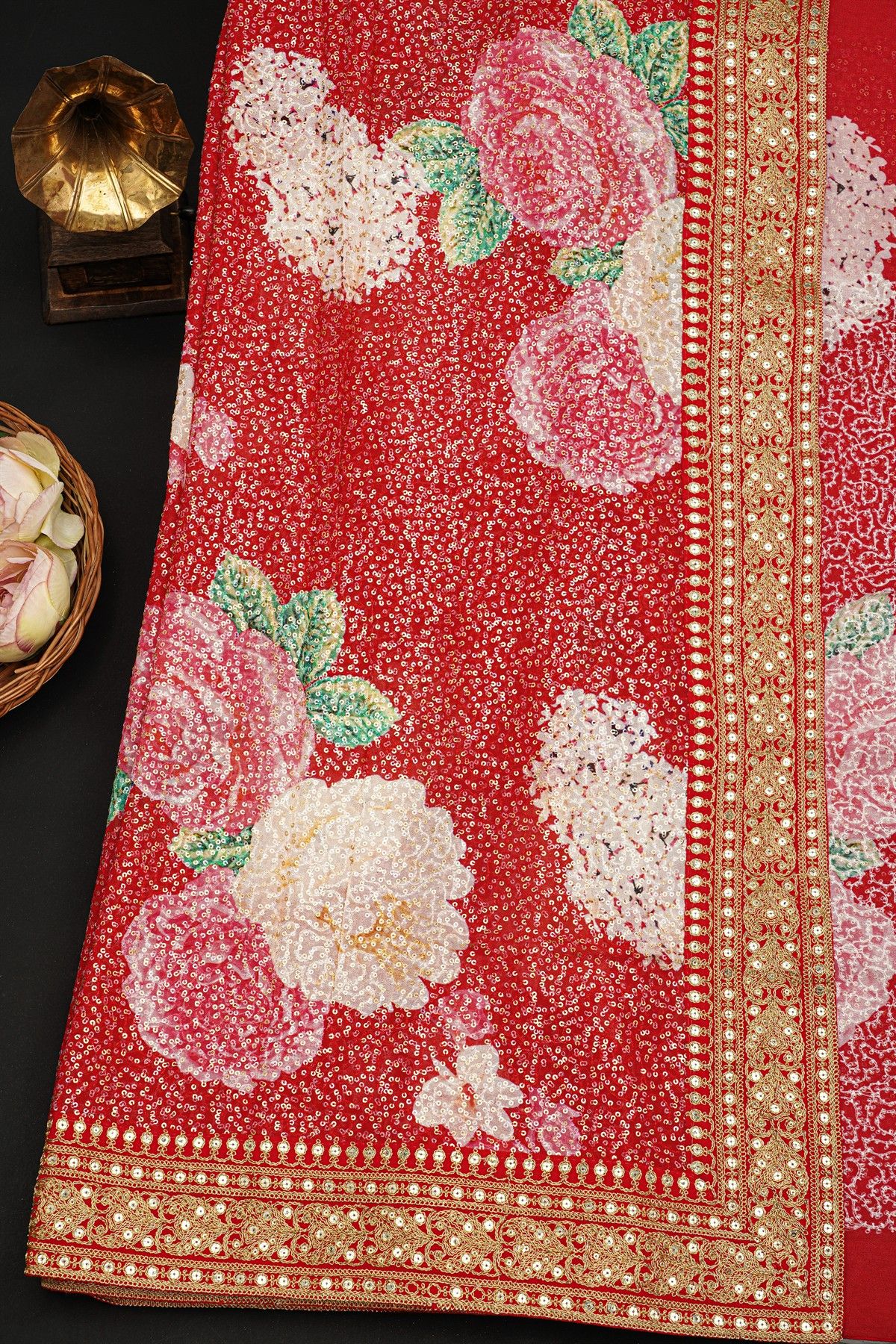 Fancy Crepe Red Saree With Florals In Sequin Work Body