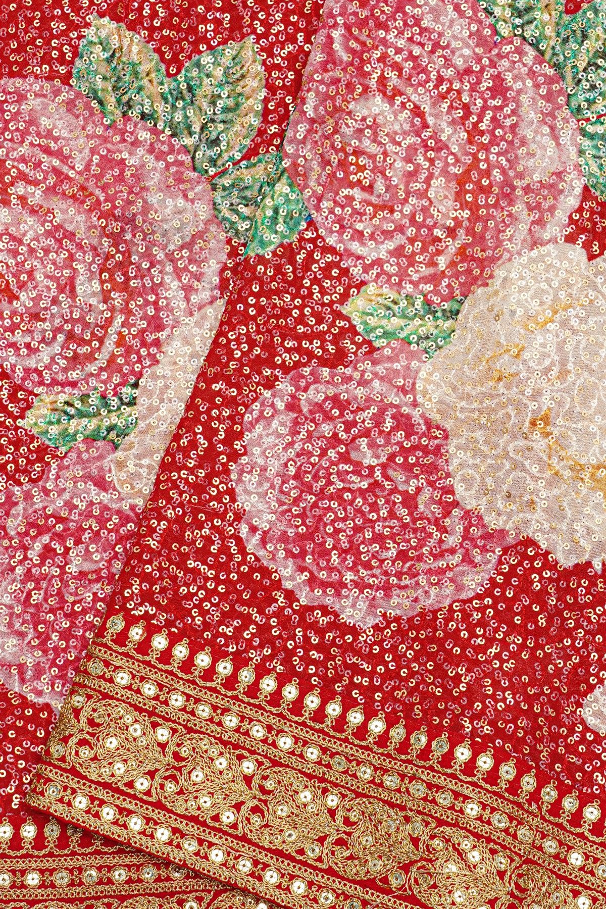 Fancy Crepe Red Saree With Florals In Sequin Work Body