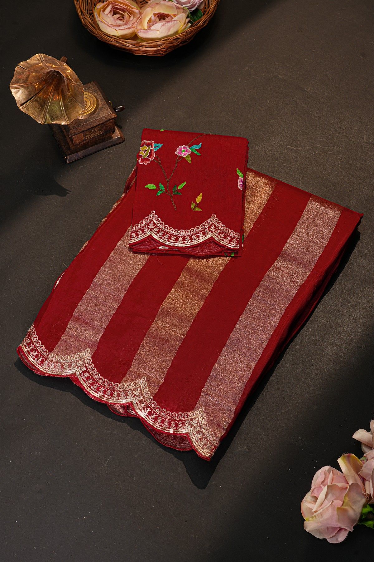 Fancy Kora Maroon Saree With All Over Lines Body And Self Design Florals And Leaves In Zardozi Work Border