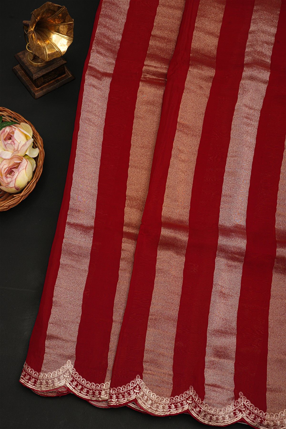 Fancy Kora Maroon Saree With All Over Lines Body And Self Design Florals And Leaves In Zardozi Work Border